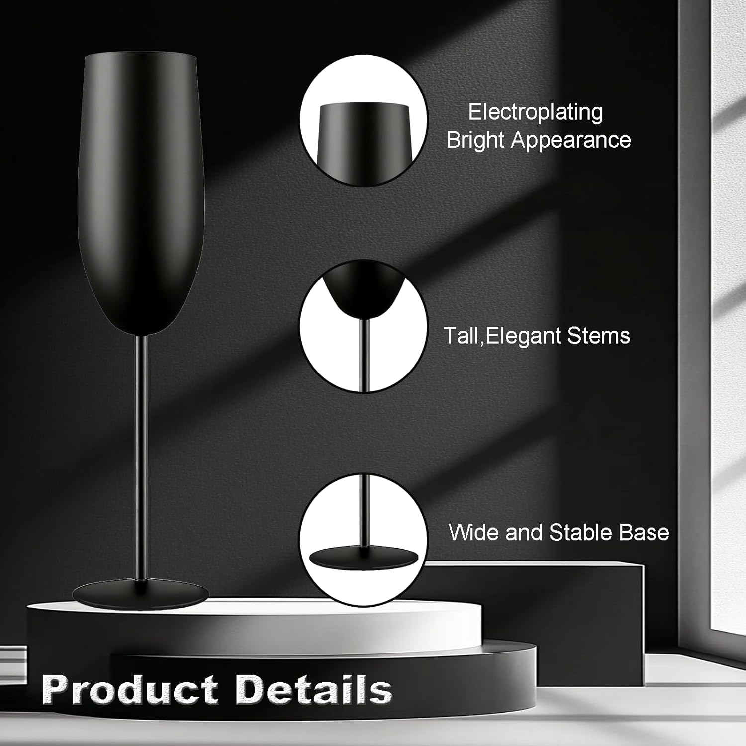 Stainless Steel Champagne Flutes Set of 4-Wedding &Birthday Gifts,8.5 Oz Unbreakable Champagne Glass with Long Stem,Reusable Indoor Outdoor Drinkware (Matte-Black)