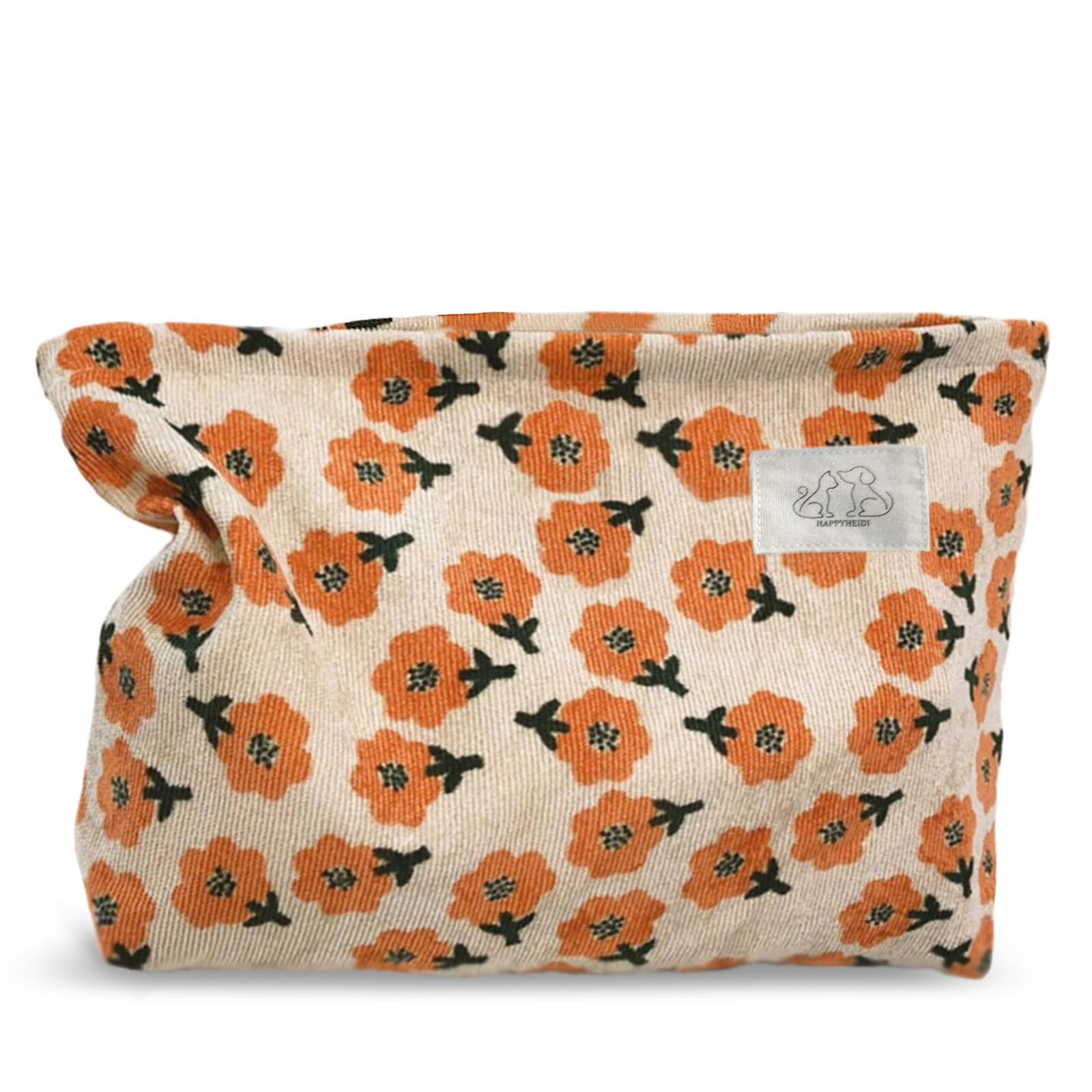 HAPPYHEIDI Women Floral Corduroy Canvas Makeup Bag Travel Cosmetic Pouch Purse Organizer, Cute Beige