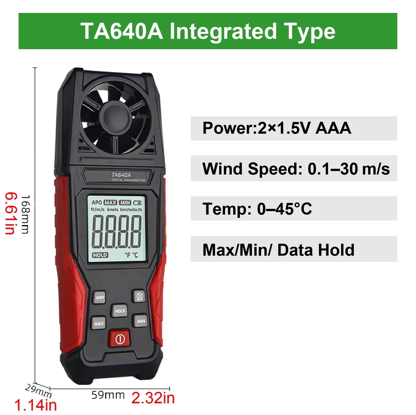 Anemómetro Digital 1pcsTA642A, medidor de Velocidad del Viento, medidor de Velocidad del Flujo de Aire, Herramienta de medición de Volumen CFM(TA640A)