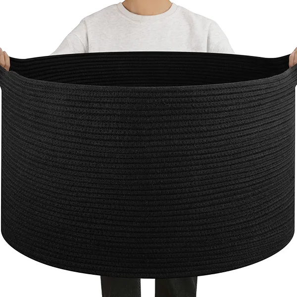 OIAHOMY 90L Large Blanket Basket with Handle, Blanket Storage for Living Room 23" x 23" x 13", Laundry Basket for Blankets, Pillows, Large Woven Rope Baskets for Kids, Dogs Toys - Black