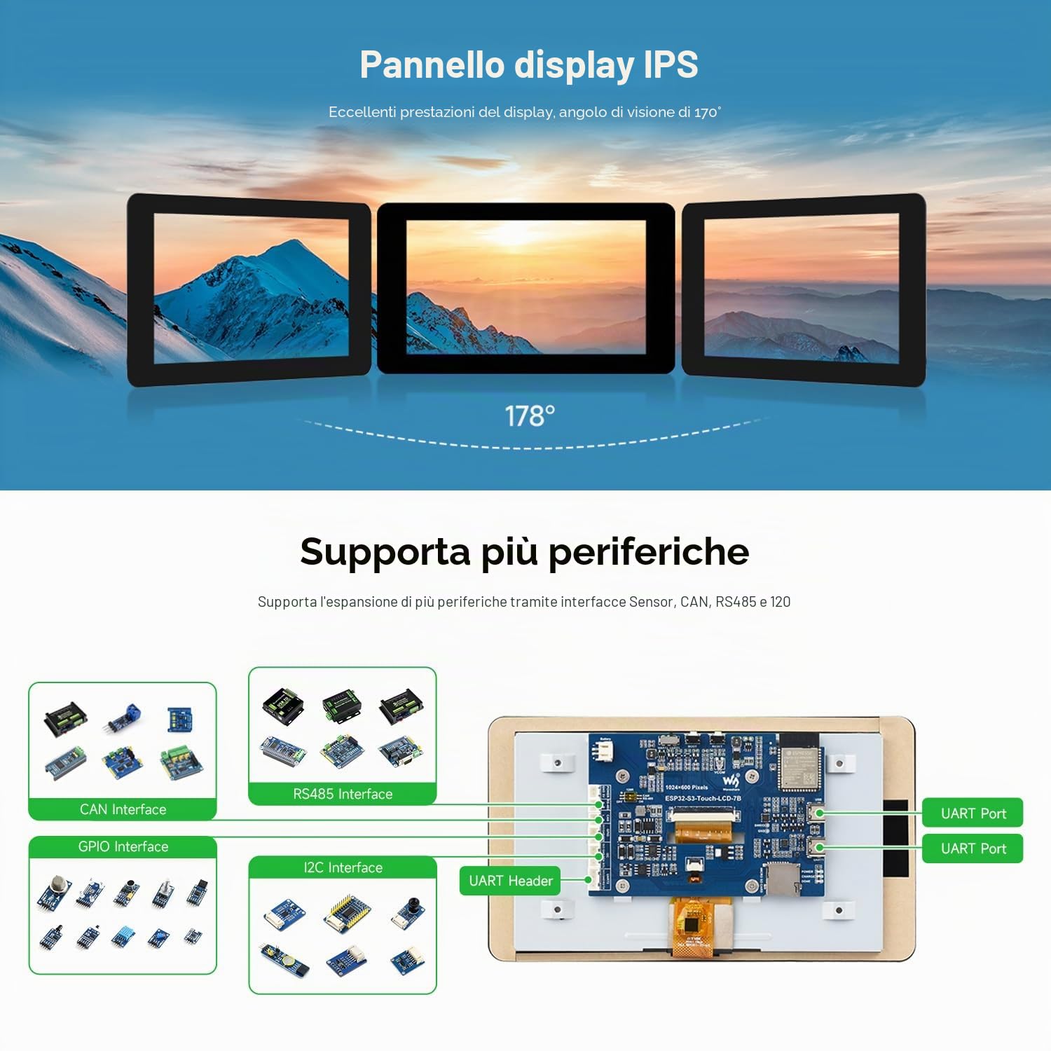 Waveshare ESP32-S3 Display 7inch LCD Development Board, 1024x600 Resolution, 32-bit LX7 Dual-Core Processor 240MHz, Wi-Fi & Bluetooth Support, Onboard Antenna, with Touch