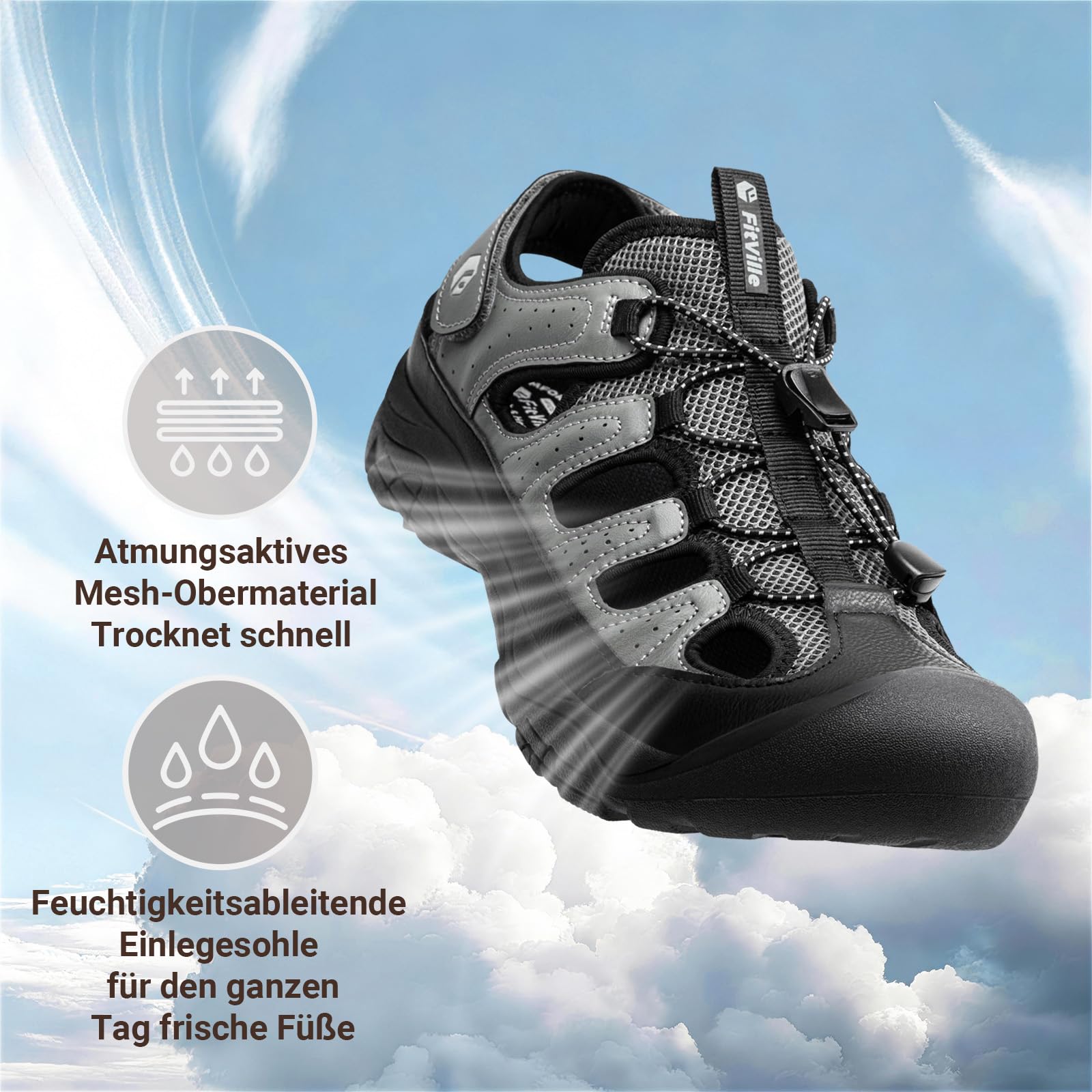FitVille Weite Sandalen Herren Sommerschuhe Outdoor Sandals Rutschfeste Sportsandalen mit Klettverschluss Geschlossen Slipper Dämpfende Sandaletten Walking Wander Trekking für Breite Füße