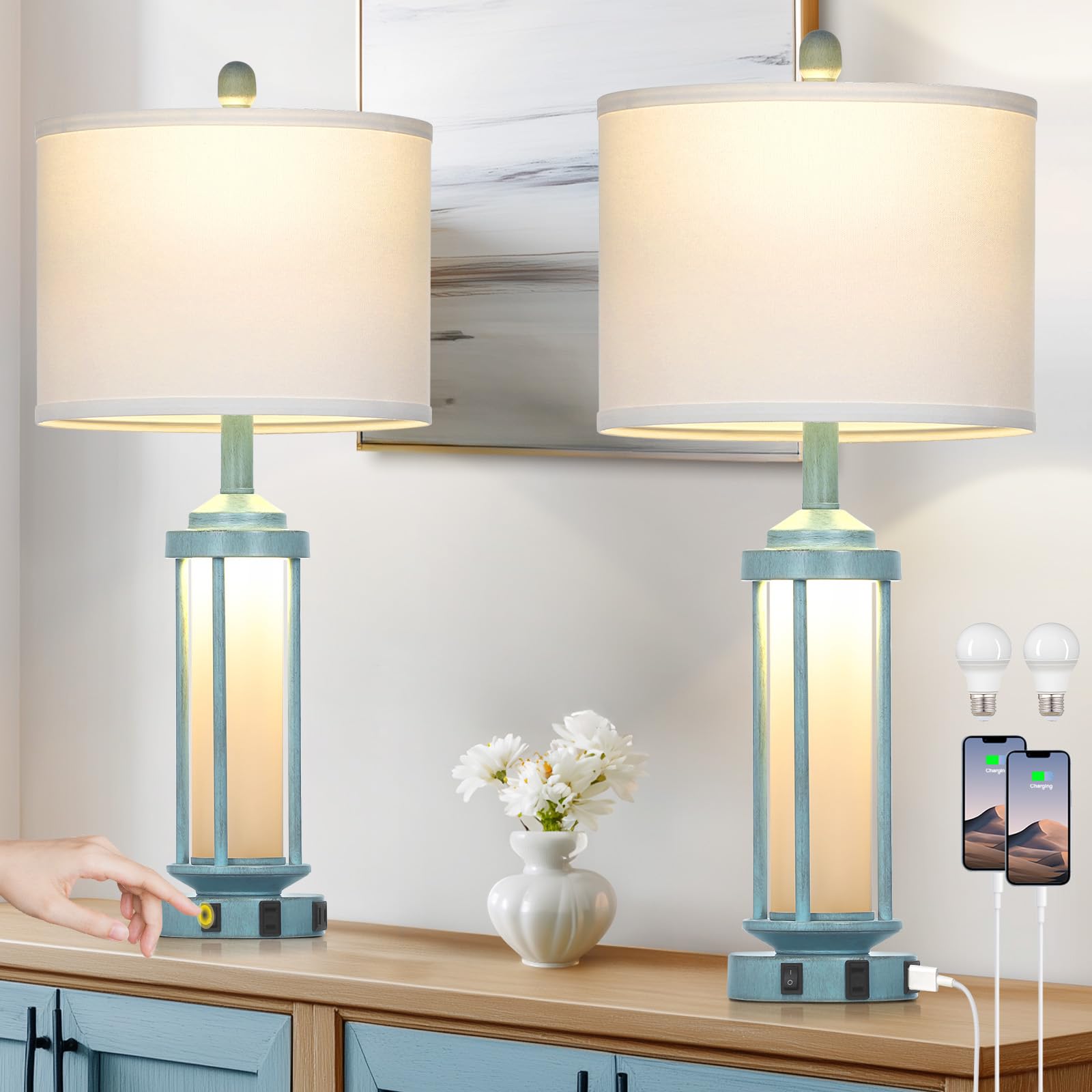 Farmhouse Table Lamps for Living Room 27 Vintage Rustic Beside Lamp Set of 2 with USB A C