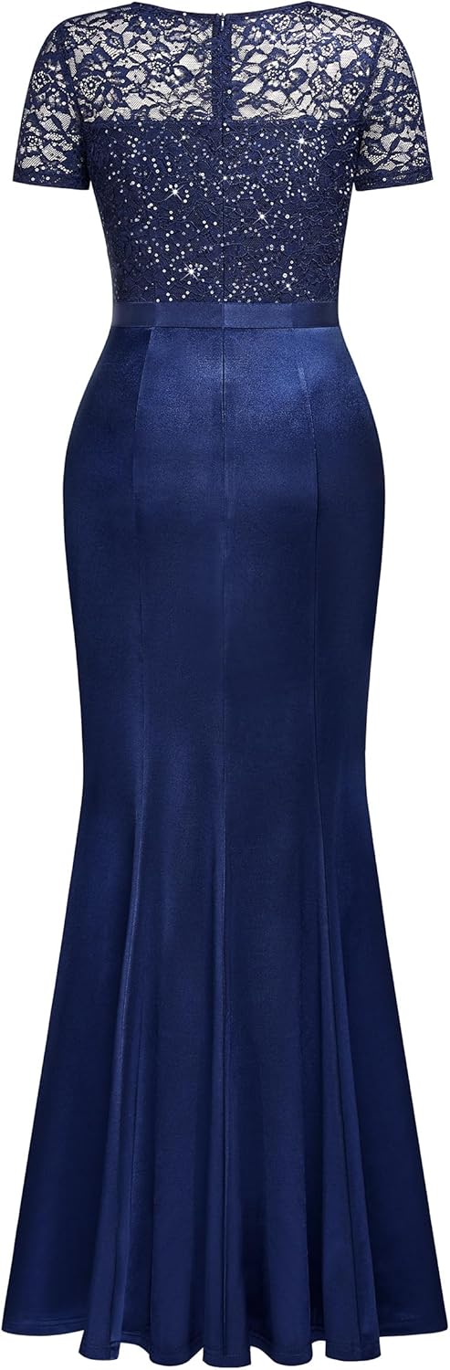 Miusol Women's Elegant Sequin Lace Contrast Ruffle Style Formal Evening Long Dress - Image 6