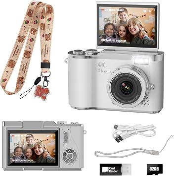 Kids Camera,4K Digital Camera for Photography,48MP 1080P HD Video Selfie Camera,with 180 Flip Screen Flash,with 32GB SD Card,for Starter Kid Children Teen Student Girl BoyWhite