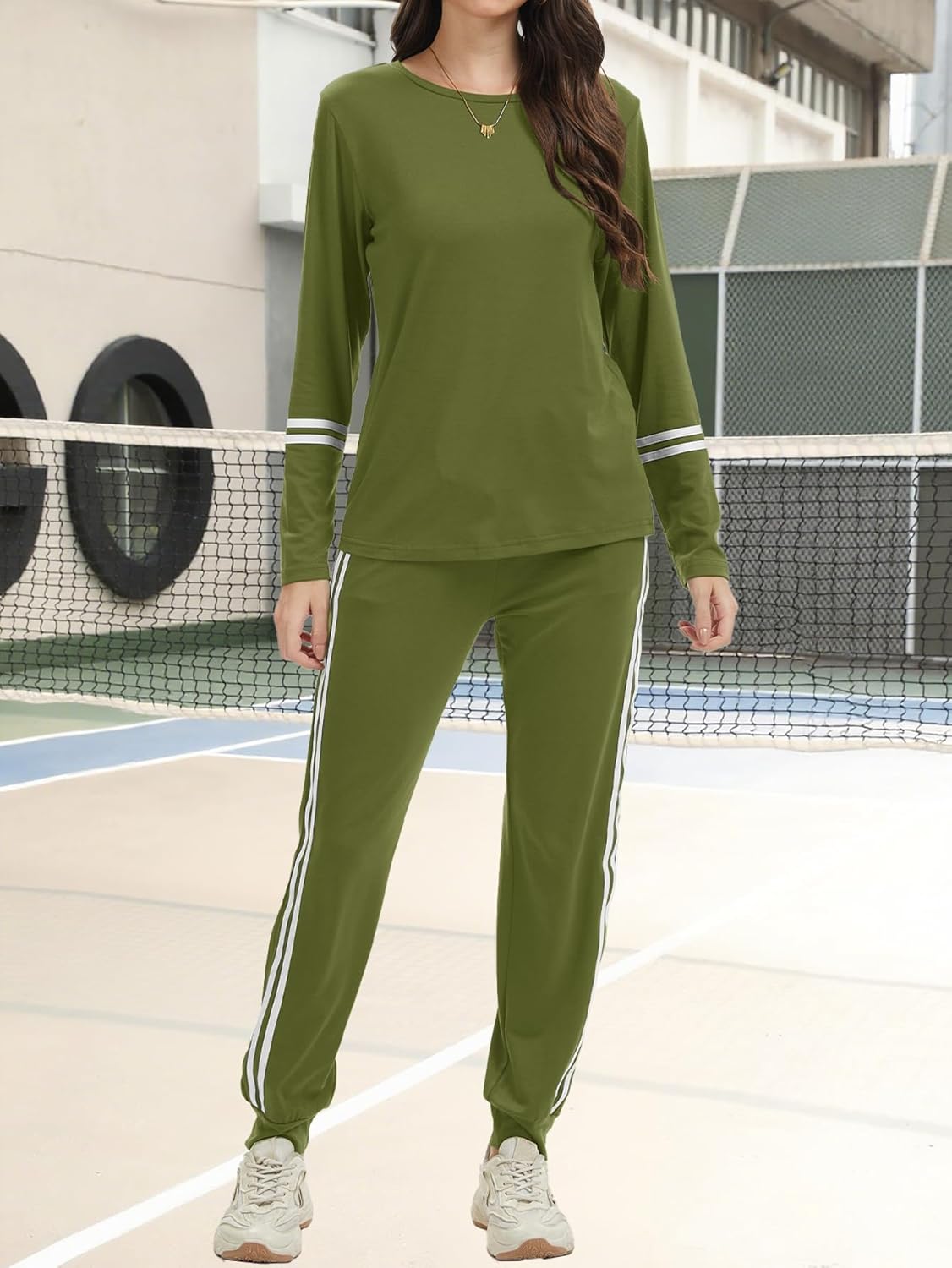 Women 2 Piece Outfits Crew Neck Striped Long Sleeve Casual Sweatsuit Lounge Set Tracksuits Pajama Pullover with Pocket - Image 2