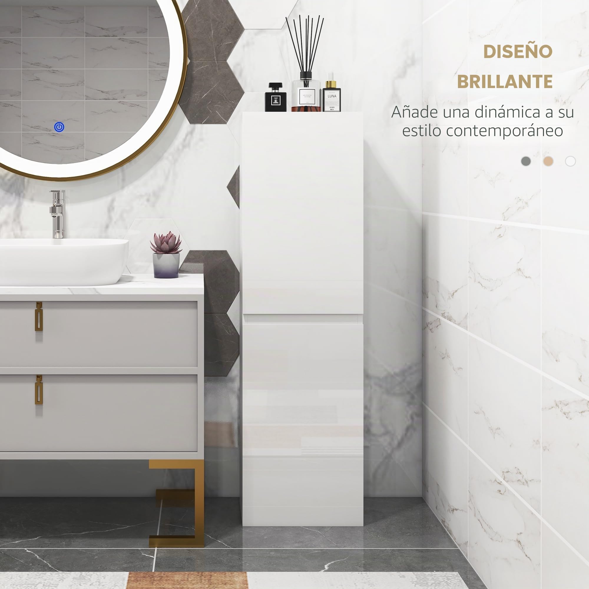 kleankin Mueble Alto de baño, Mueble Alto de almacenaje, Acabado Alto Brillo, estantes Regulables, 2 armarios, Estante de almacenaje de baño, 35 x 25 x 120 cm, Lacado en Blanco