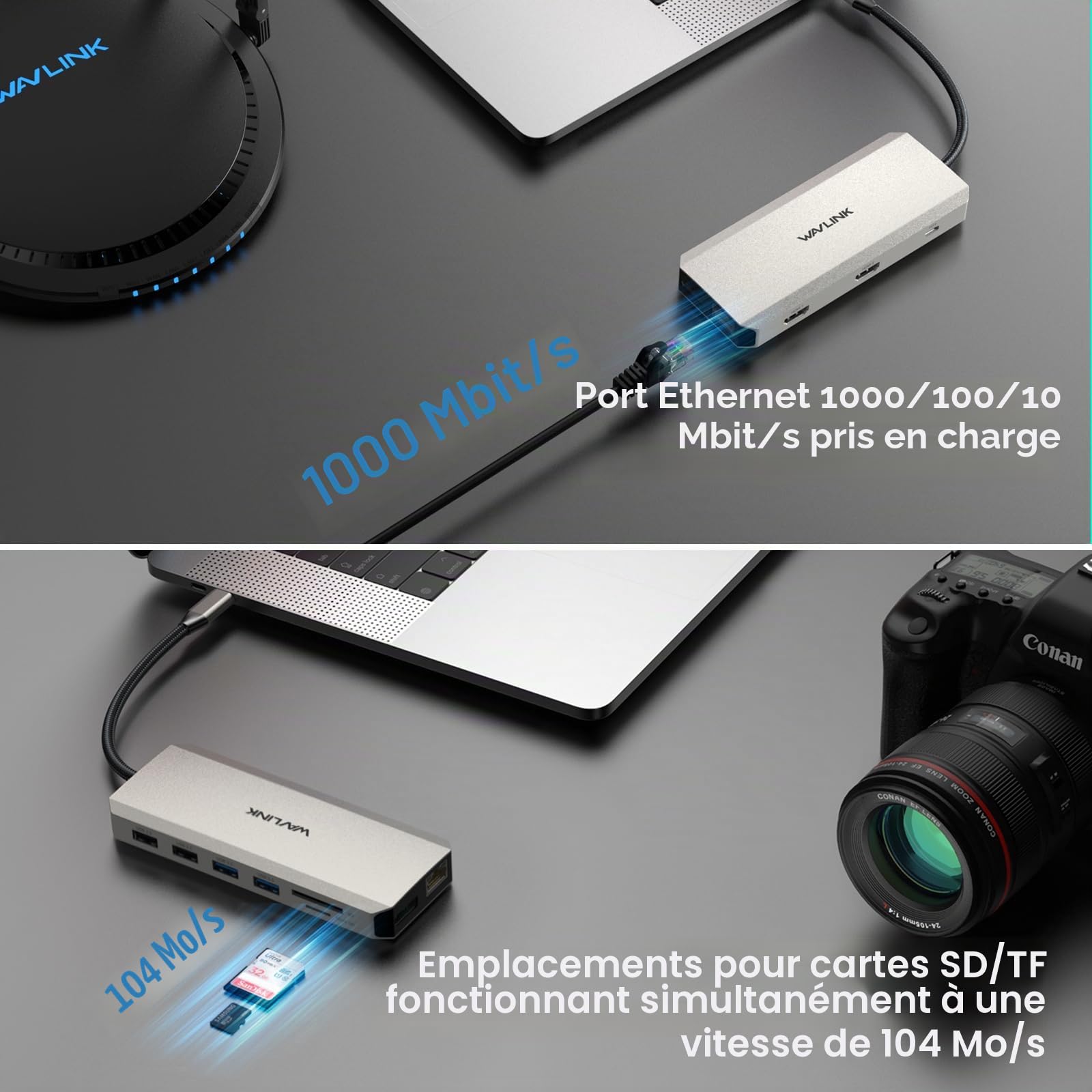 WAVLINK Station d'accueil USB-C 12-en-1, double HDMI, adaptateur multiport 4K Dual HDMI, DP, 100 W PD, USB3.0, USB2.0, RJ45, SD/TF, audio/Mic, pour
