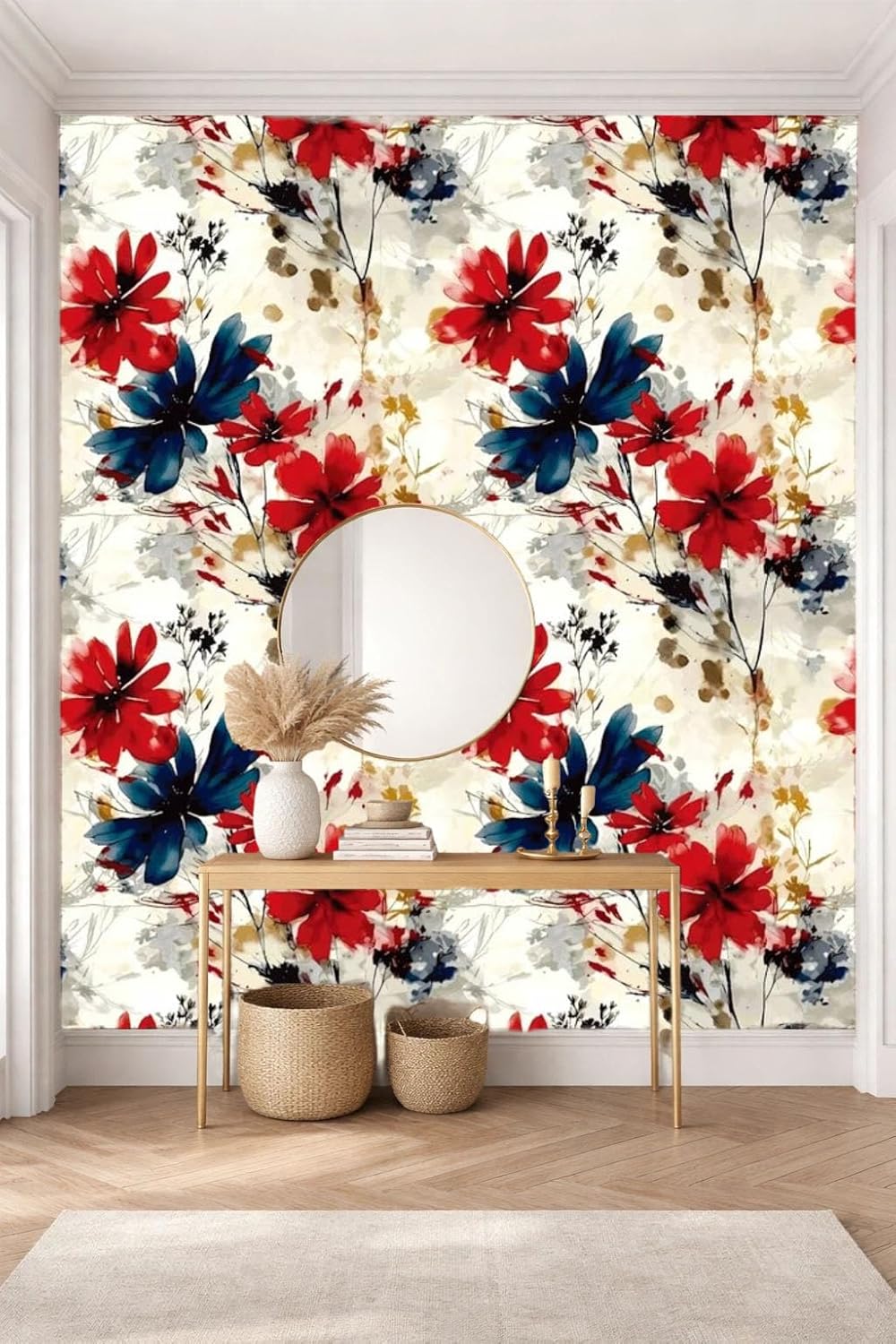 Red Watercolor Floral Peel and Stick Wallpaper Removable Self Adhesive Floral Wall Covering for Living Room Bedroom Accent Wall 17.7 x 354 in