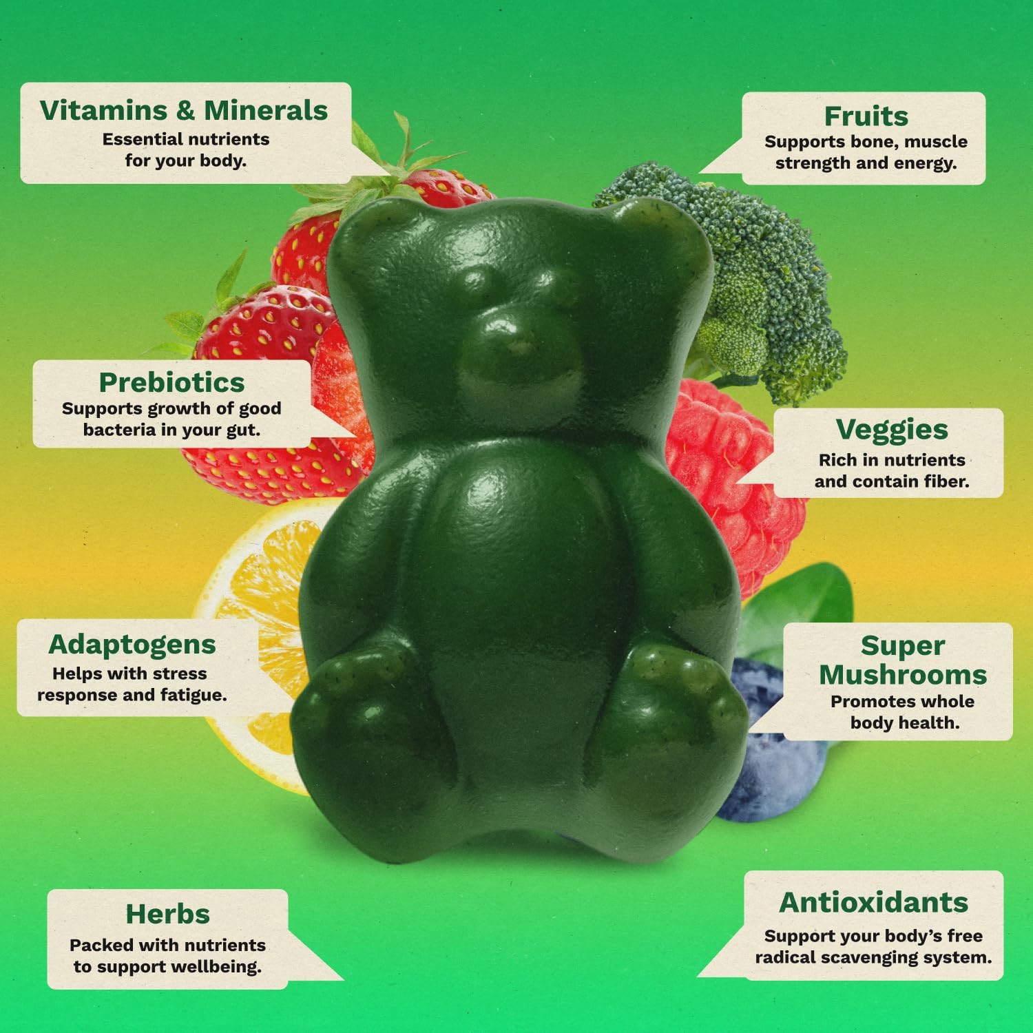 Gruns Adults Super Greens Multivitamin Gummies, Superfood Vitamin Gummy Bears with Spirulina, Chlorella, Prebiotic Fiber for Digestive Health, Adaptogens Supplement, 20 Vitamins & Minerals, 28 Count - Image 5