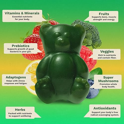 Miniatura 5 de Gruns Adults Super Greens Gummies, Multivitamin Superfood Gummy Bears, Spirulina, Chlorella, Prebiotics & Fiber Gummies for Digestive Health