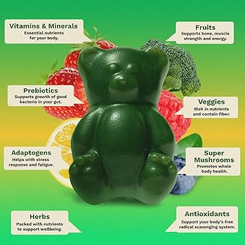 Gruns Sugar-Free Super Greens Gummies, Multivitamin Superfood Gummy Bears, Spirulina, Chlorella, Prebiotics & Fiber gummies for Digestive Health, Adaptogens Supplement, 20 Vitamins & Minerals, 10 pack