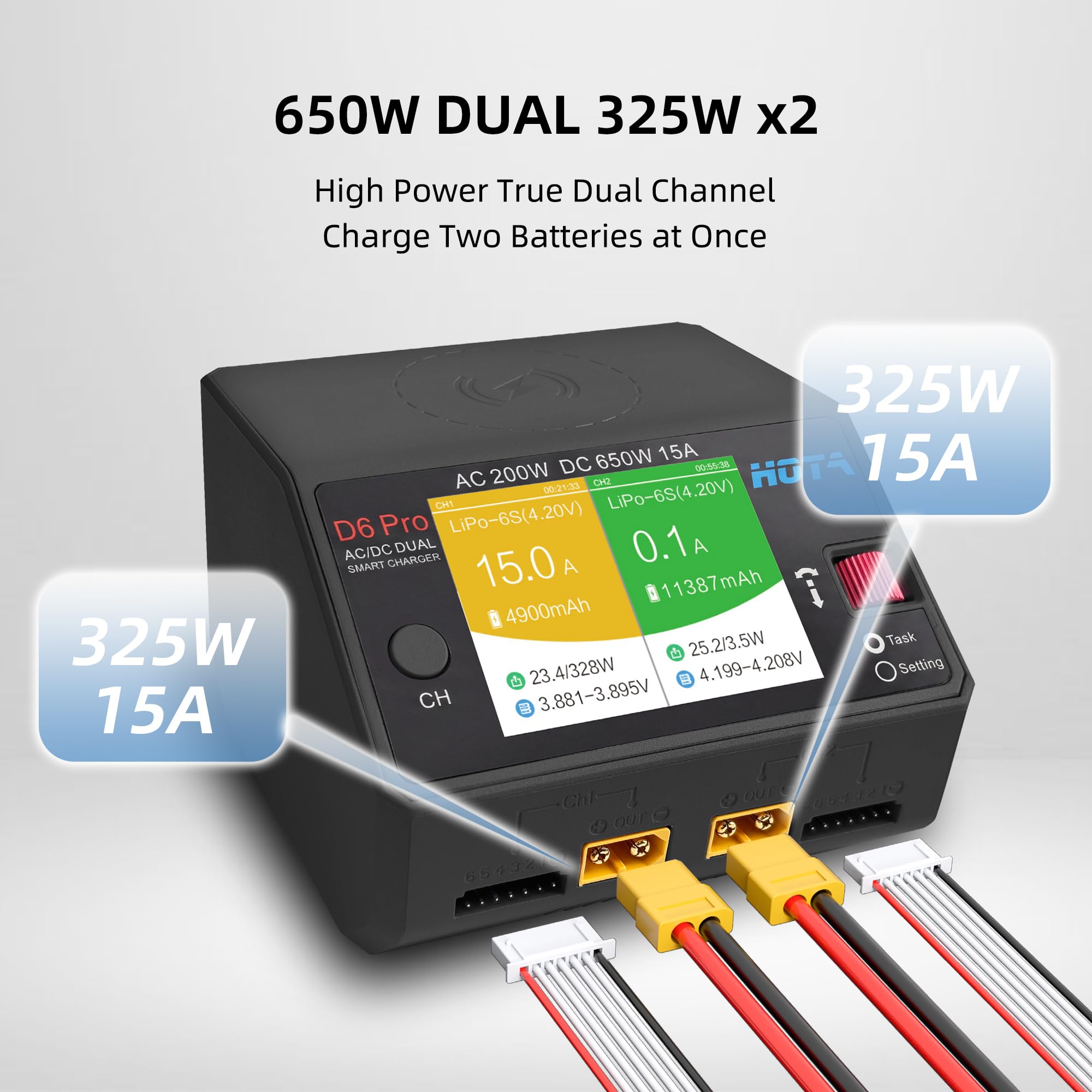 HOTA D6 Pro Dual Channel Smart Charger AC200W/DC650W (15A x2) - per 1-6S LiPo/LiHV/NiMH/Pb batteria, con LCD a colori, pannello di ricarica wireless e USB 5V - Compatibile con RC auto, barca, FPV