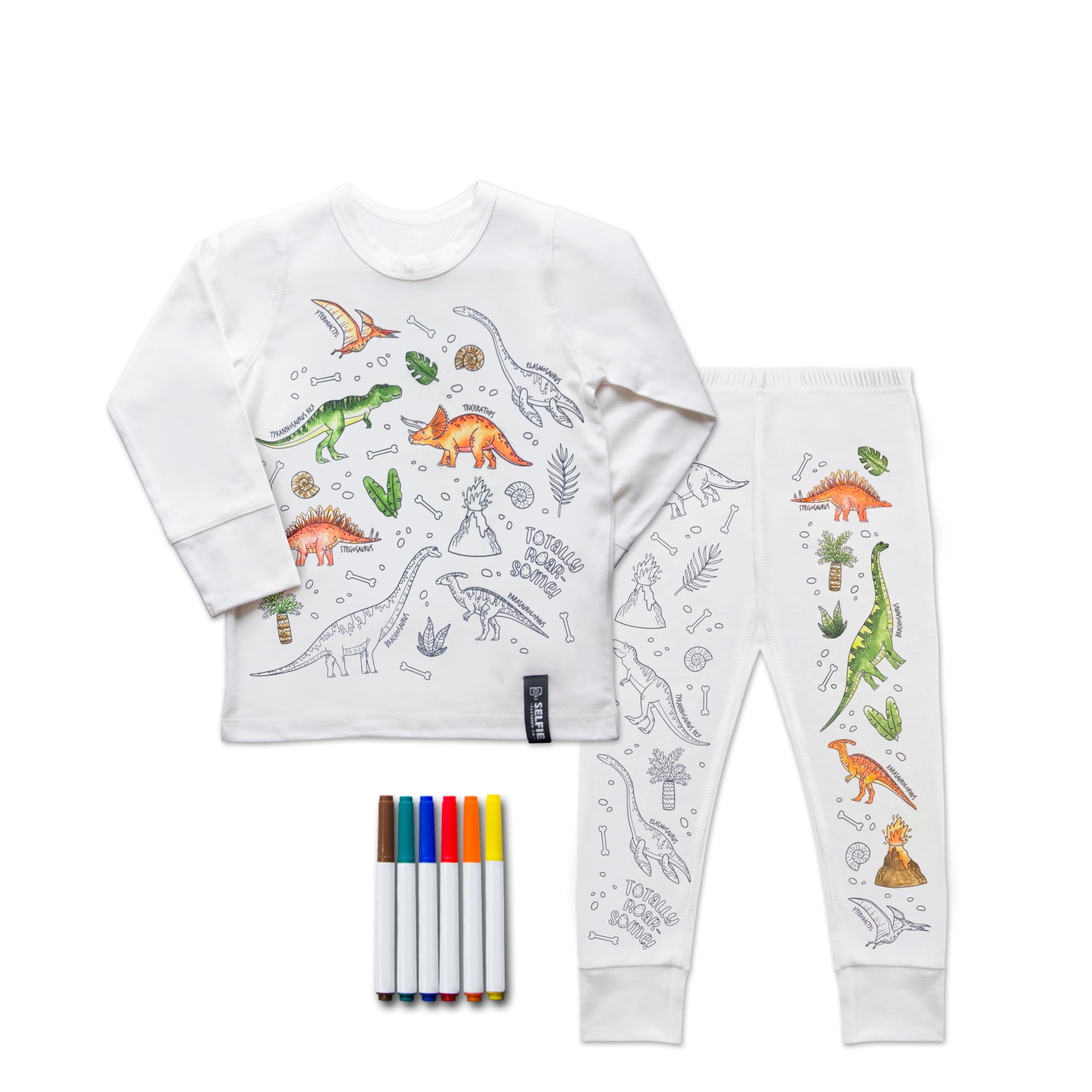 Selfie Craft Co. Girls Ivory Dinosaur Colour In Pyjamas Kids 3 To 4 Years - Colour Your Own Pyjamas Boys & Fabric Pens – Fun Party Activity, Dinosaur Gifts
