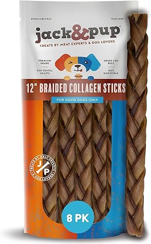 Jack&Pup - Palitos de colágeno de carne de res trenzados de 12 pulgadas para perros, sin cuero crudo, masticables de colágeno de larga duración para