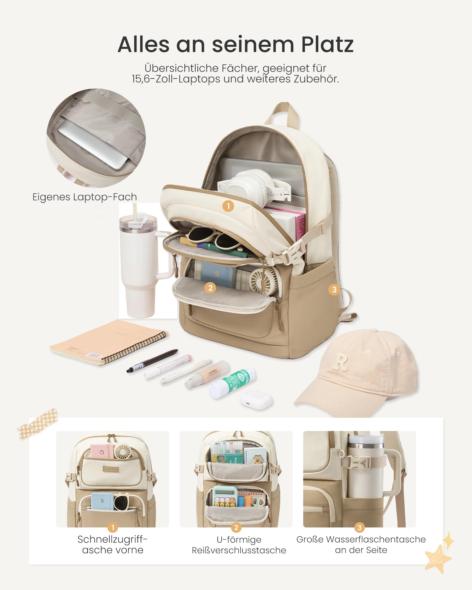 LOVEVOOK Zaino da donna, 15,6 pollici, per la scuola, per adolescenti, con grande scomparto, 1-cachi-beige, L, Casual