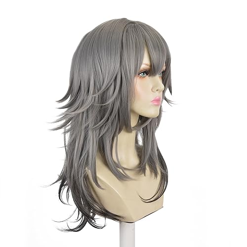 Miniatura 3 de Peluca gris para mujer, cabello largo y gris hacia arriba, peluca de anime sintética de longitud media gris, para niñas, para juegos, cosplay,