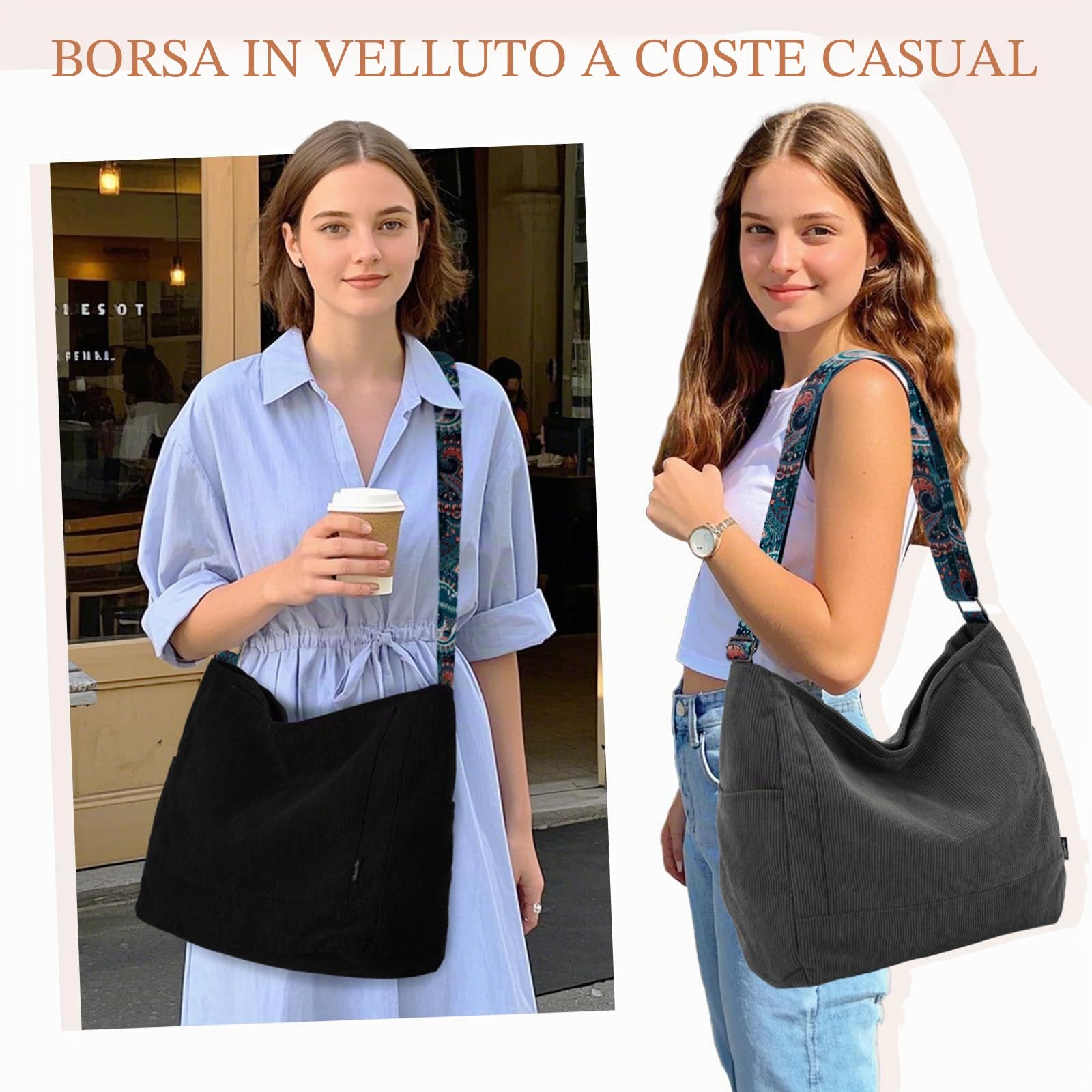 Chase Chic Borsa a Tracolla Donna, Casual Borsette Spalla Donna Velluto a Coste Grande Hobo Shopper Bag per Università Viaggi