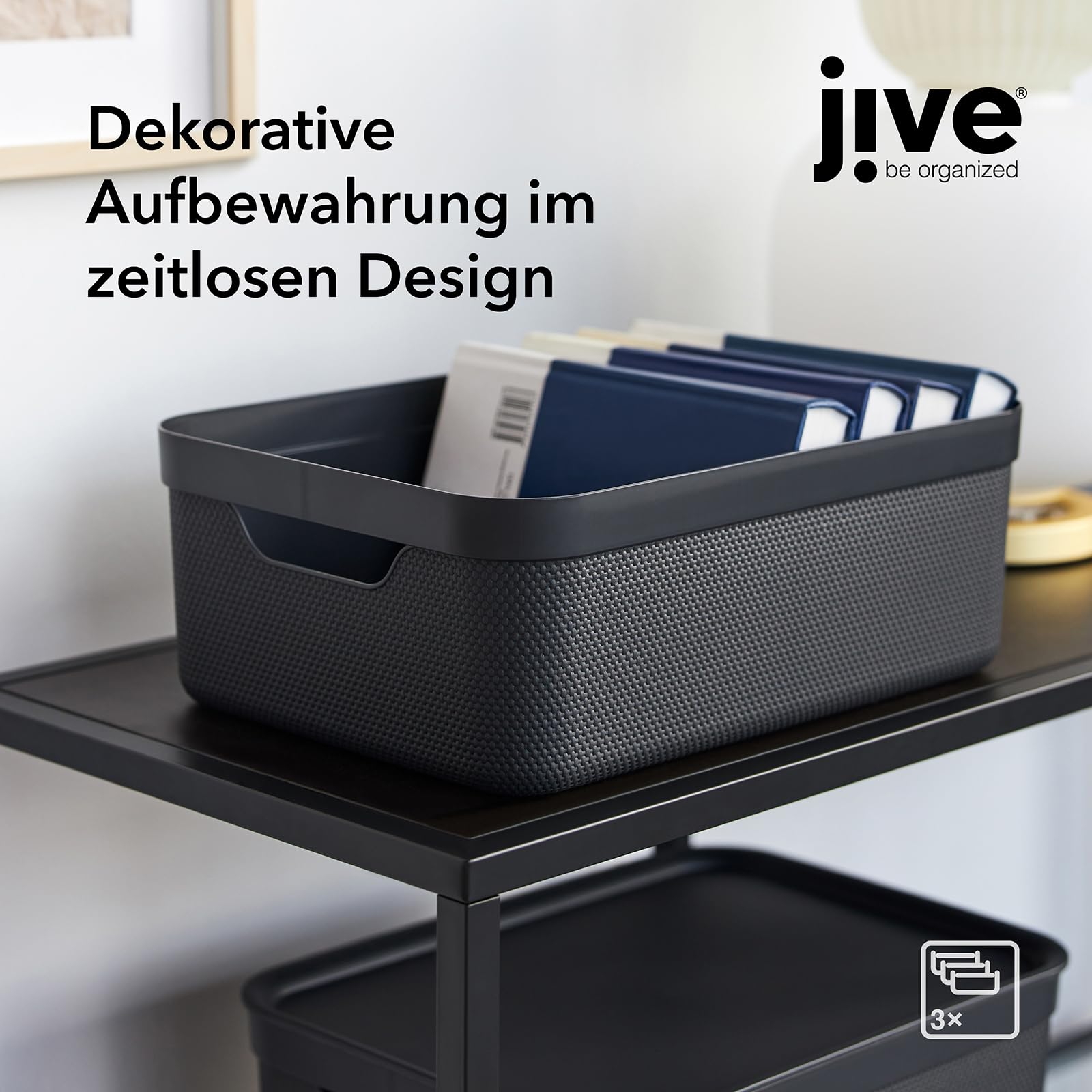 Rotho Jive 3er-Set Aufbewahrungsboxen mit Deckel 10l, A4 | Stapelboxen klein | mit Flechtmuster | modular & stapelbar | pflegeleicht & stabil | schwarz