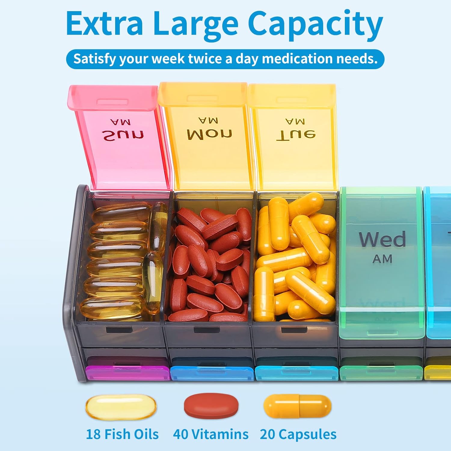 Extra Large Weekly Pill Organizer - 2 Times a Day Pill Box Case, AM PM Pill Organizer 7 Day, Jumbo Pill Container for Supplements Big Pill Holder Twice A Day, XL Daily Medicine Organizer for Vitamins : Health & Household