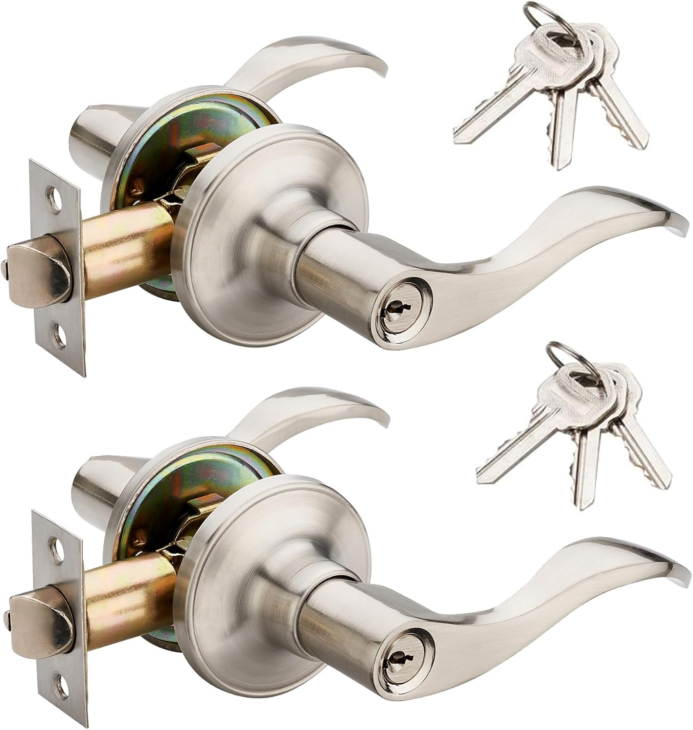 2 Pack of HENYIN Wave Lever Keyed Entry Door Lock/Door Knob Hardware Handle and Closet Lockset, Silver Color, with Key,Right Hand(805SN-R-2)