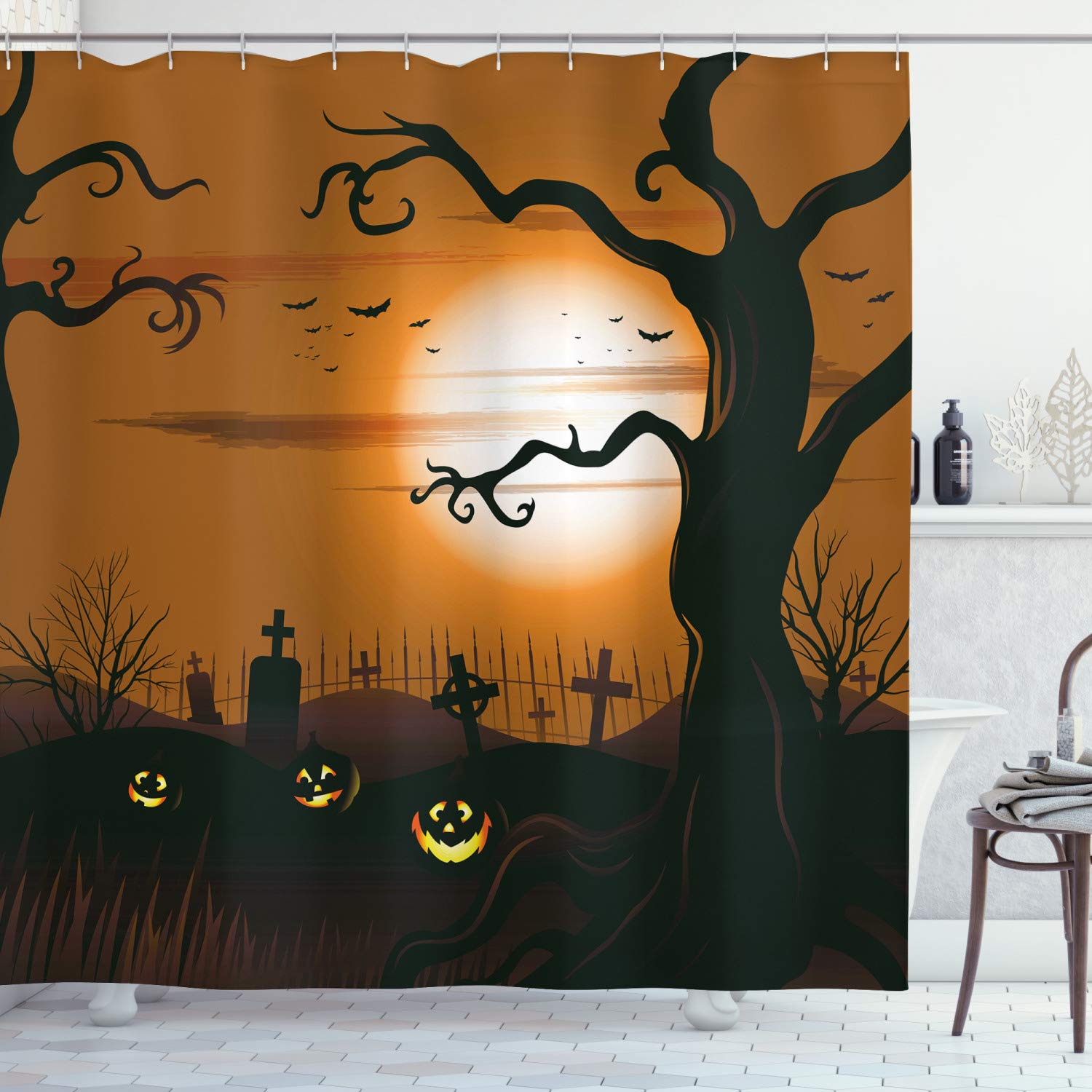 Bovlleetd 152x183 cm Tenda da Doccia di Halloween Spaventoso Zucca Malvagia con Cappello Magico Tende da Doccia Tenda da Vasca Impermeabile Tenda da Bagno per Feste a Tema Halloween