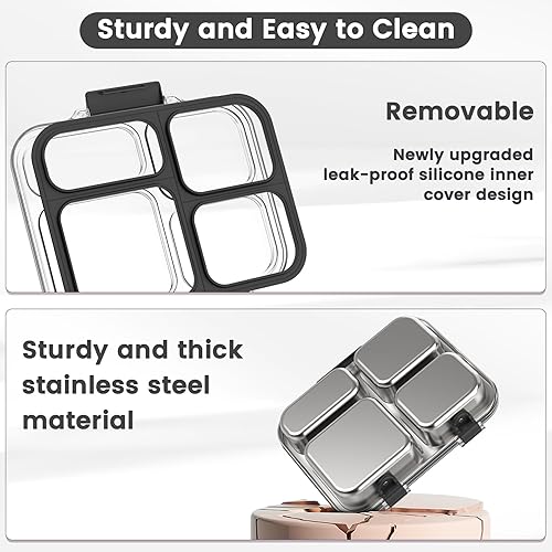 Miniatura 4 de Caja Bento de acero inoxidable para niños y adultos con recipiente de silicona, a prueba de fugas, 4 compartimentos, lonchera de metal, sello de