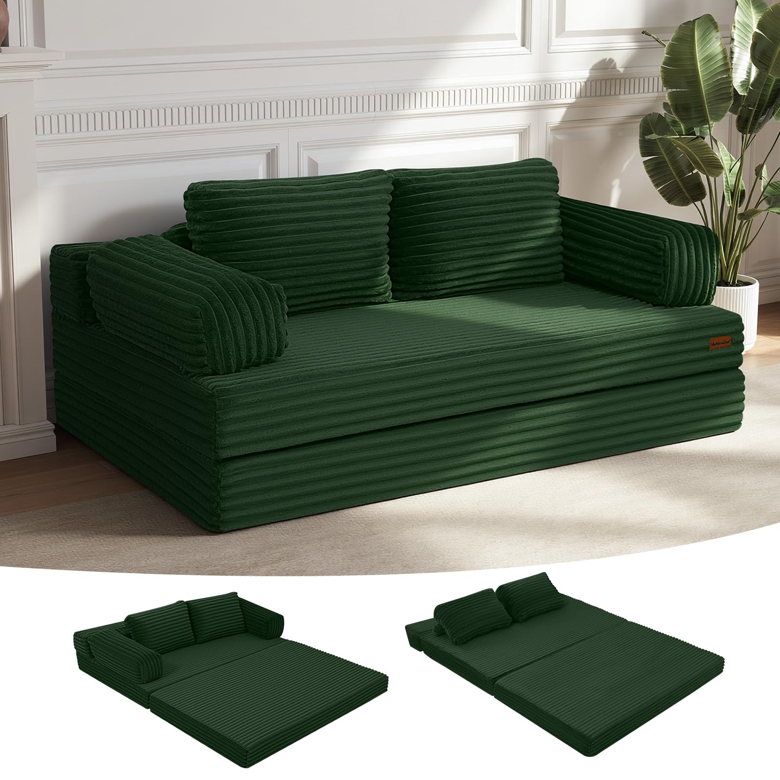 Photo 1 of MeMoreCool Convertible Sofa Bed, Folding Floor Couch Bed Queen, Pull Out Sleeper Couch with Pillows, Fold Out Futon Sofa for Bedroom Living Room Small Space, Corduroy Green(only pillows and arm rest )