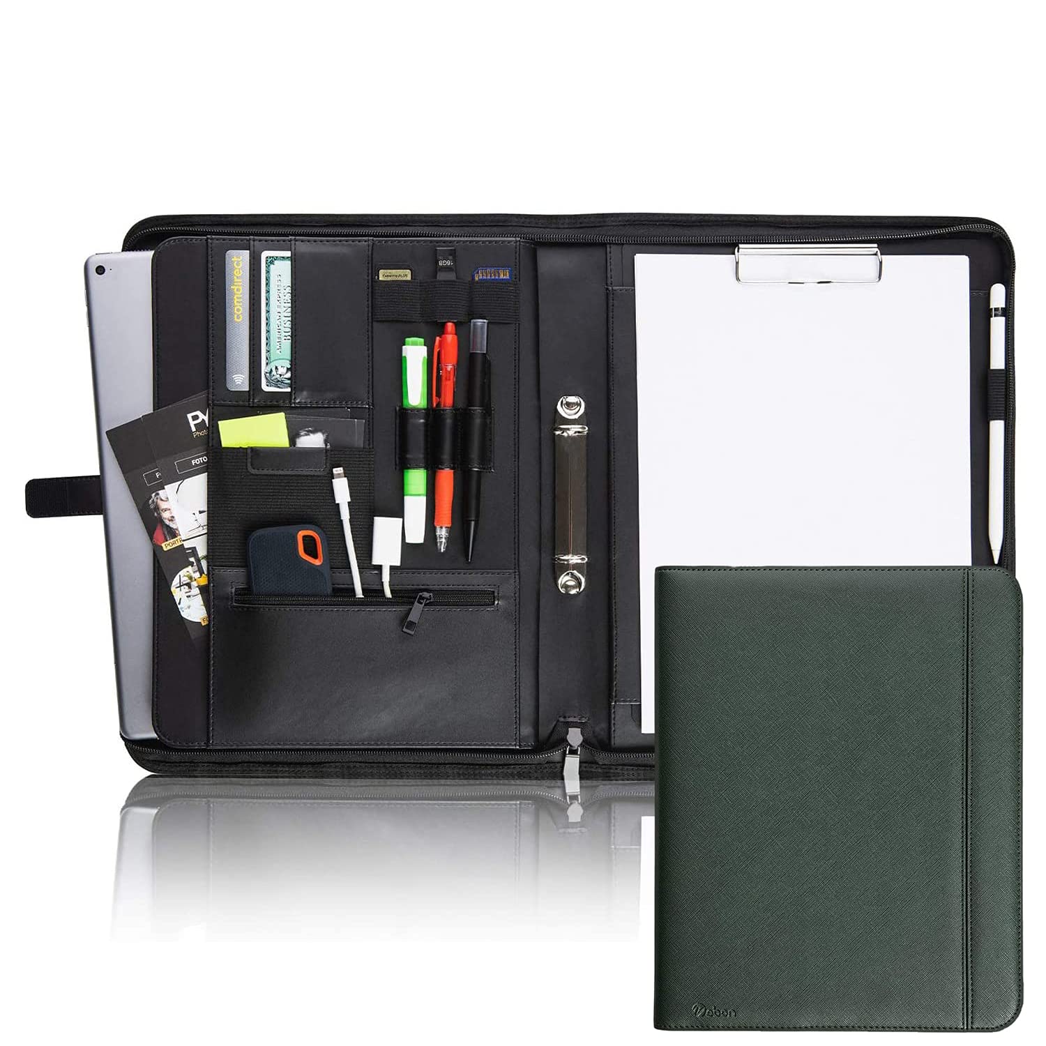 Vebon® Schreibmappe Ringbuch A4"Paris" I Reißverschluss + Klemmbrett I Dokumentenmappe + Laptoptasche I extra Stauraum I Kunstleder