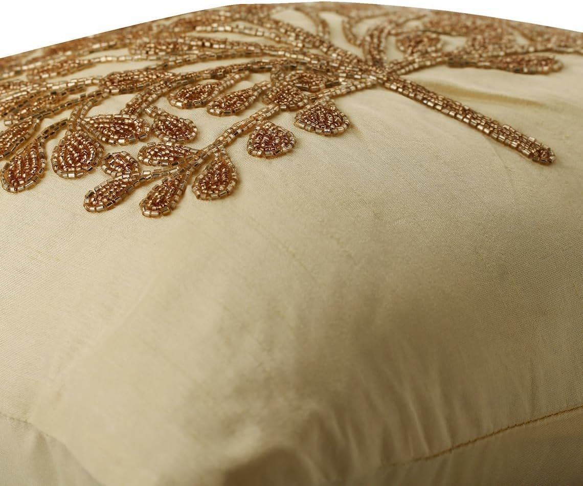 The HomeCentric Cushion Cover, Gold Pillow Cover 20x20 inch (50x50 cm) Handmade Gold Pillow Cover, Beaded Tree Pillow Cover, 20x20 inch (50x50 cm) Cushion Cover, Floral Contemporary - The Gold Tree