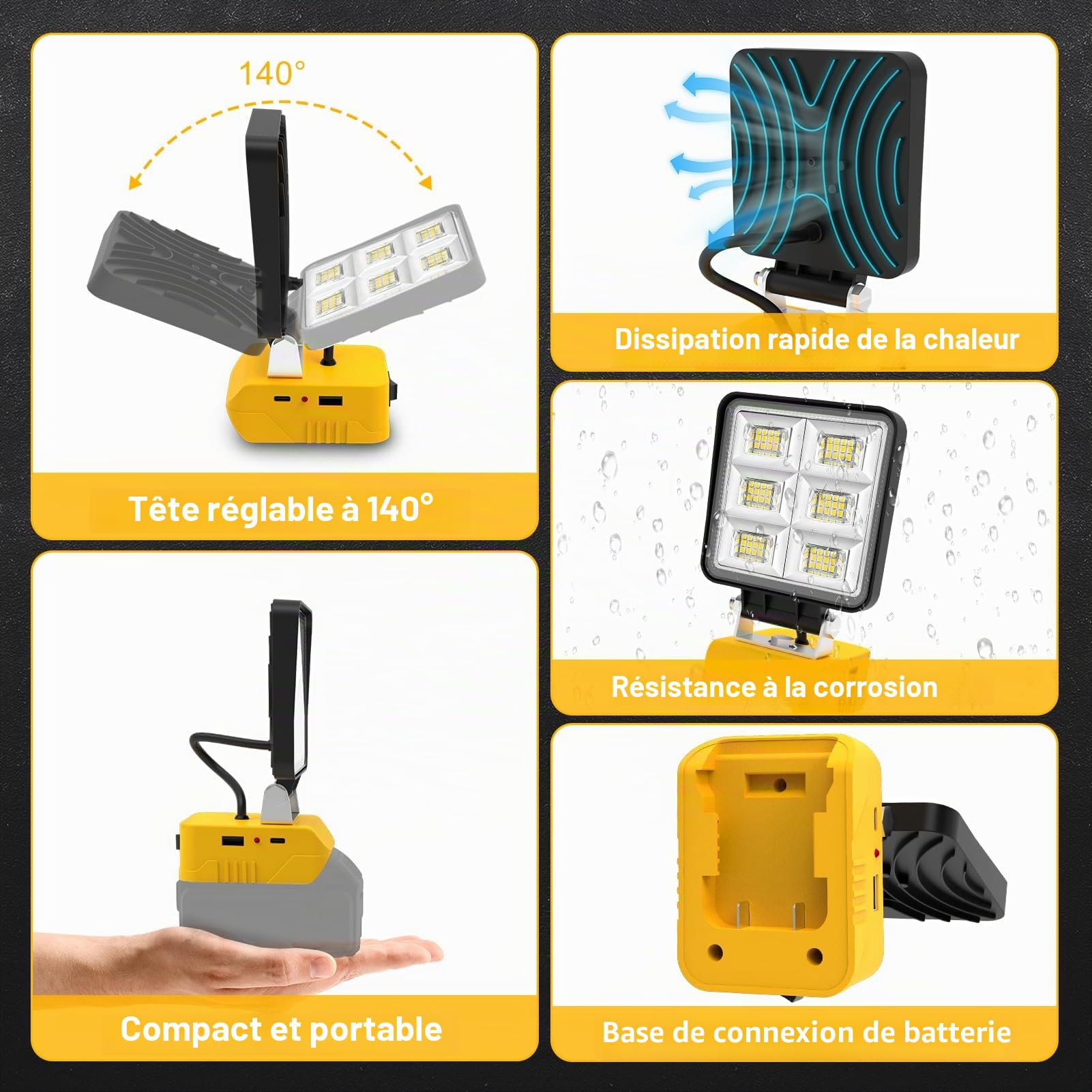 NATPOW Lampe de Chantier Compatible avec Dewalt 18V, Lot de 2 5200LM Projecteur, 2 Modes 6000K Lumière Portable avec Type C et USB pour Chantier, Garage, Camping, Pêche, Sans Batterie