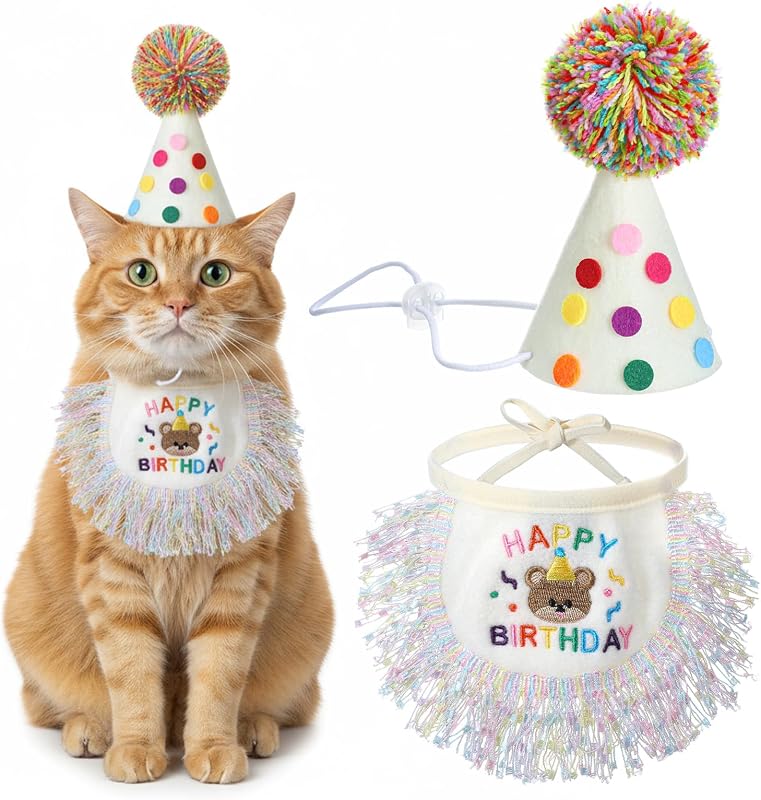 Kit de Festa para Gatos e Cães Tyqour com Chapéu de Aniversário e Bandana Ajustável