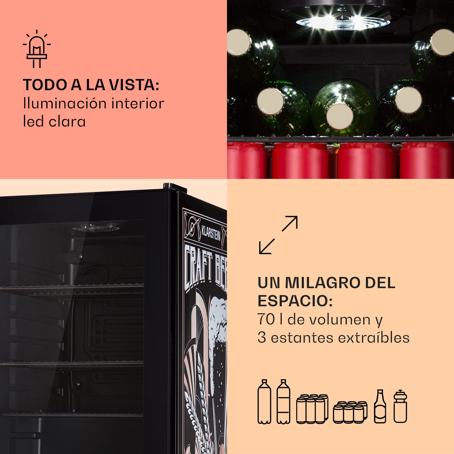 Nevera Klarstein 70L, Minifrigorífico silencioso con estantes extraíbles, puerta de cristal y LED, Apta para exteriores, 0-10°C