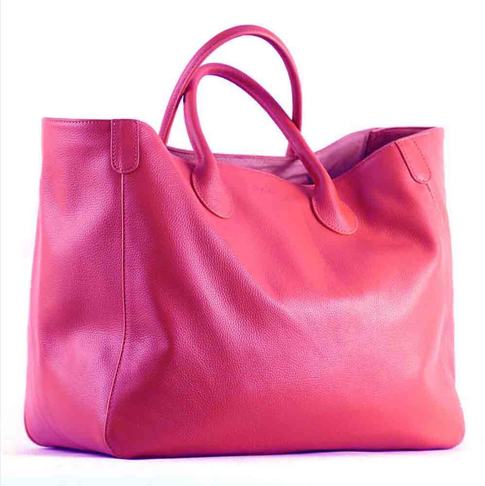 Bolso de mano de piel auténtica, color marrón, grande, bolso de viaje para mujer, Rosa encendido, Large