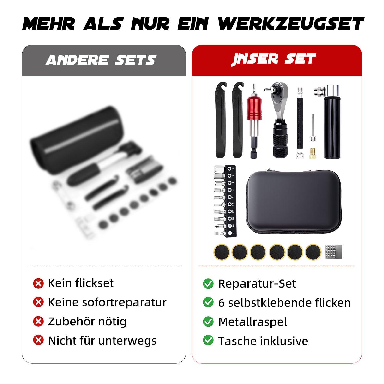 Fahrrad Reparaturset mit Mini Pumpe, Ratschen-Schlüssel, 10 Bits, Reifenflickset & Werkzeugtasche – Fahrrad Notfallset für unterwegs (AV-Ventil mit Presta Adapter) (Schwarz)