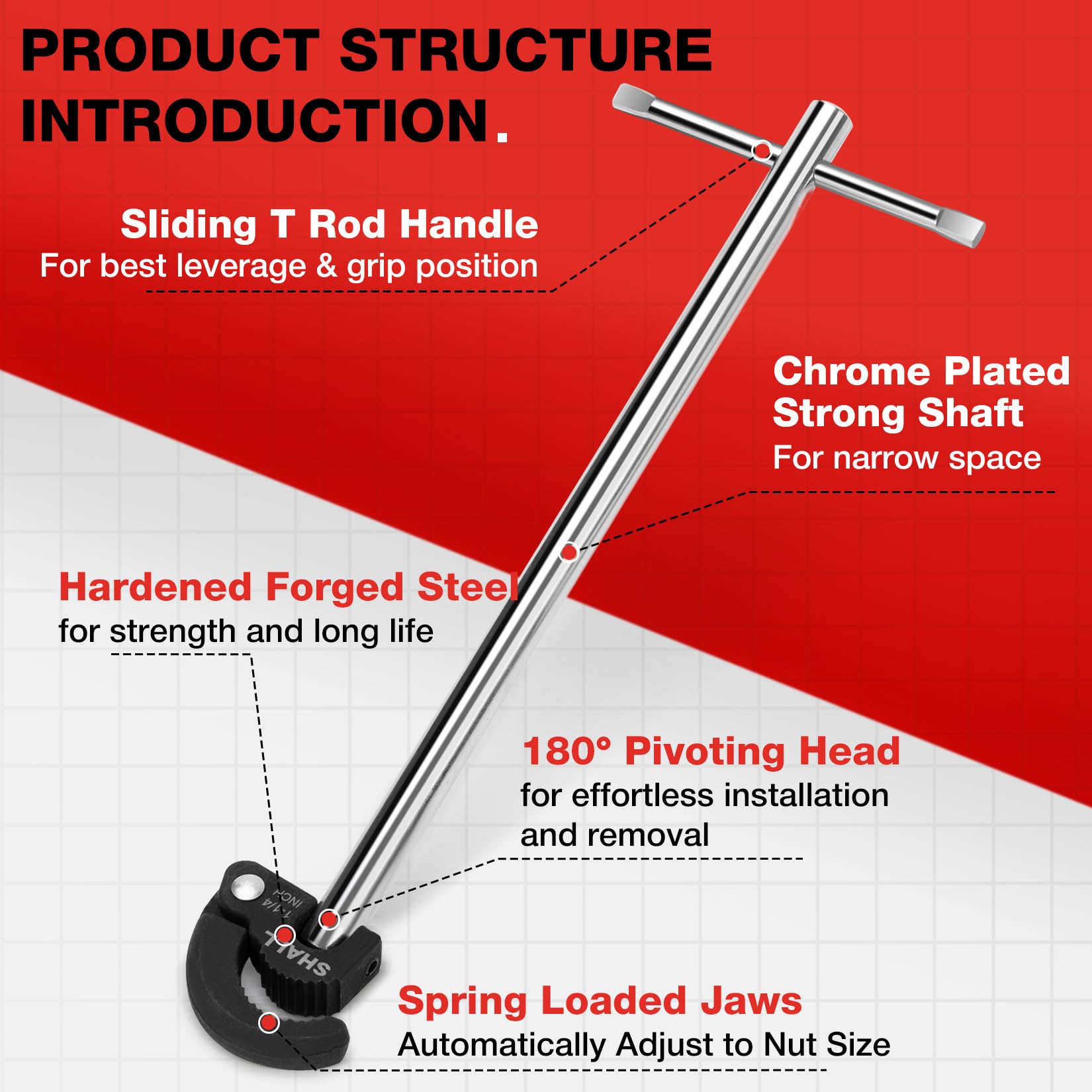 Shall Llave de lavabo de 11”, llave de fregadero ajustable, llave de tuerca de grifo totalmente pulida con capacidad de mandíbula de 3/8 a 1-1/4 pulgadas para espacios difíciles de