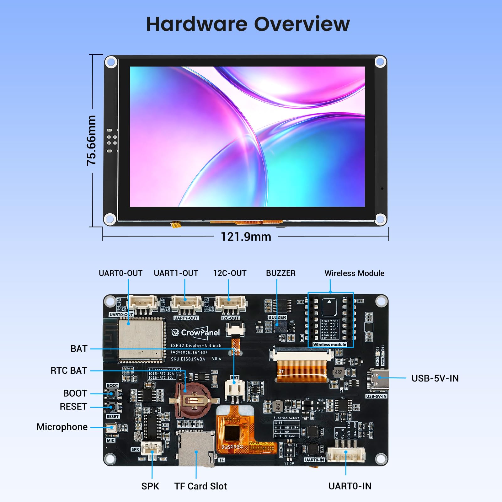 ELECROW ESP32 Display 800 × 480, 4,3 pollici HMI Advanced ESP32 IPS Touch Display, supporto interazione vocale AI, processore dual-core LX7 a 32 bit, fino a 240 MHz, compatibile con Arduino, ESP-IDF e