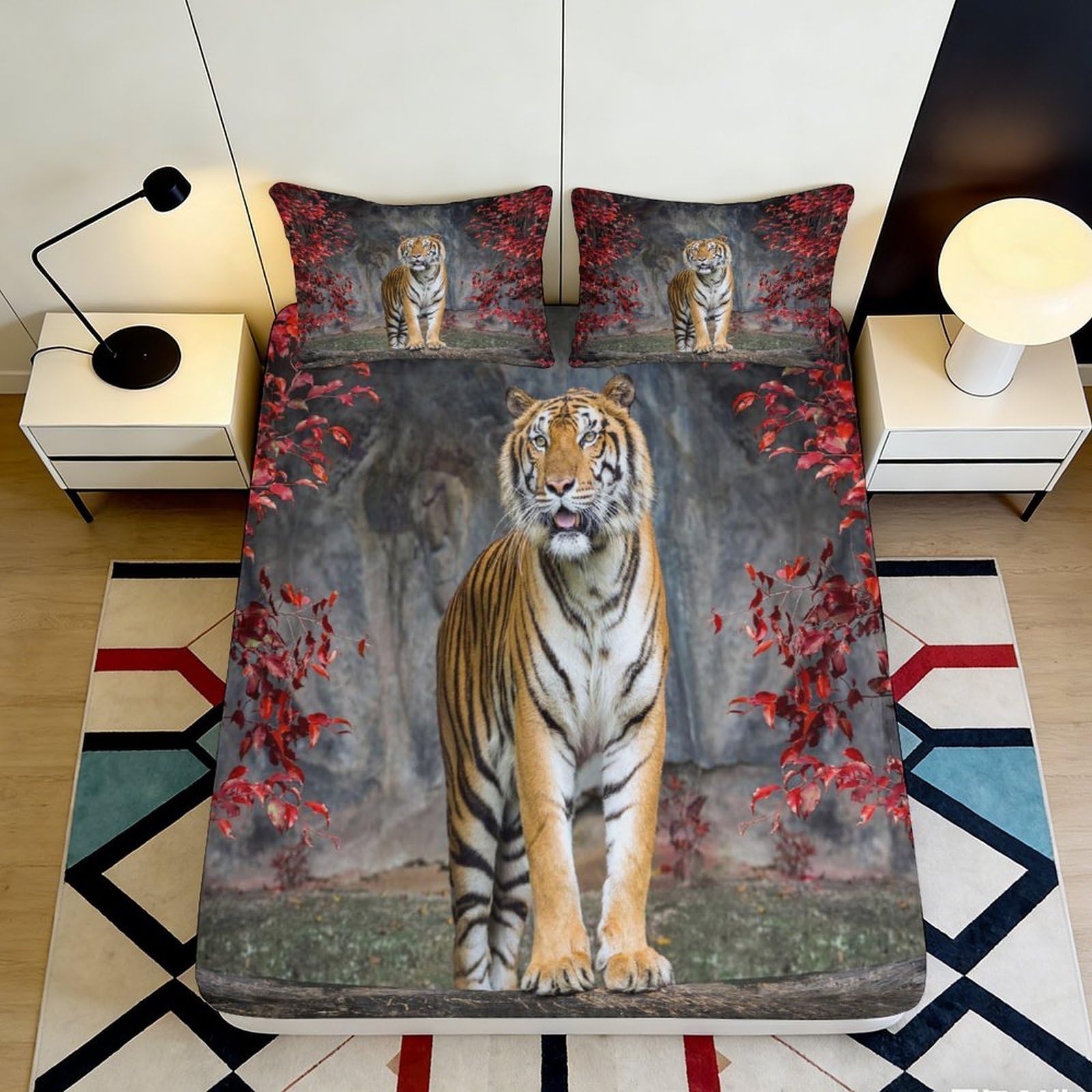 3D Printed Majestic Tiger Fitted Sheet Microfiber Soft Breathable Wild Forest Bed Cover for Bedroom Dorm Decor 90x200x25cm