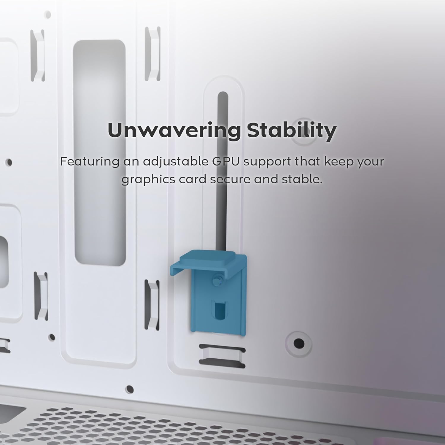 క్లోజ్-అప్ view of the adjustable GPU support bracket inside the PC case
