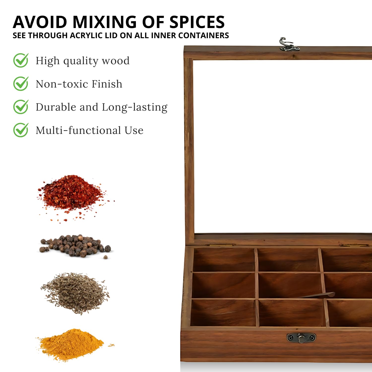 Freakway Sheesham Decorative Multipurpose Wooden Boxes/Masala Dabba Containers Jars & Wooden Masala Box for Kitchen with Spoon (9 Partitions, Non Detachable) 3