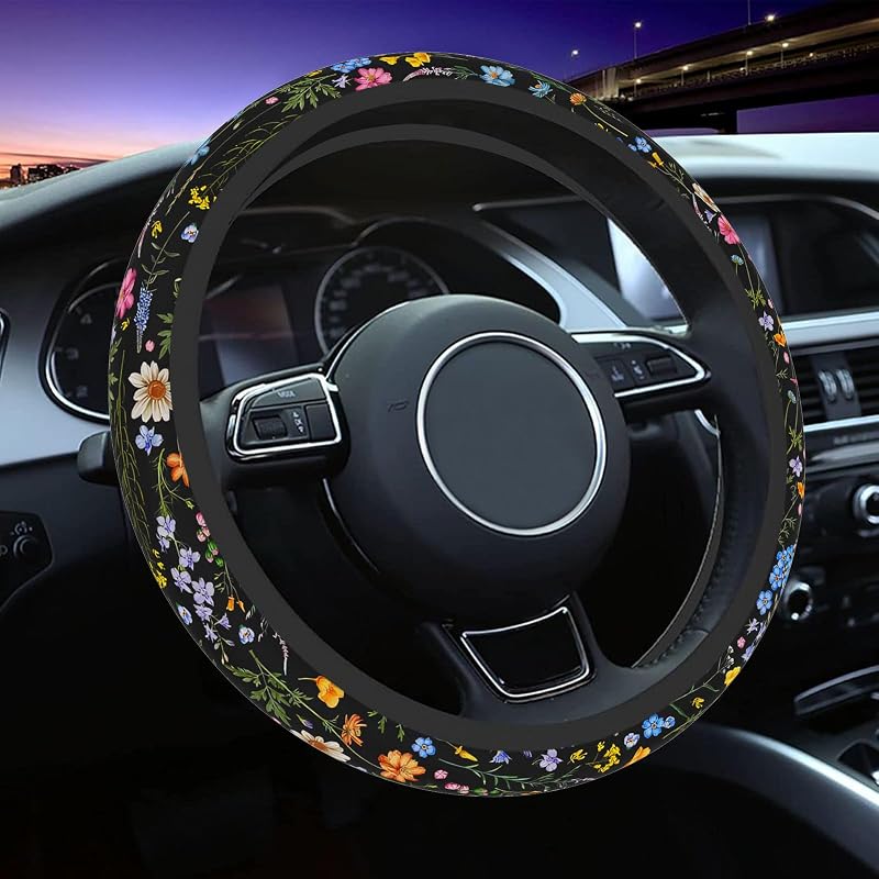 Capa para Volante com Estampa Floral Wildflower vaitarkli, Antiderrapante e Lavável, 14,5–15,5 Pol. (36,8–39,4 cm)