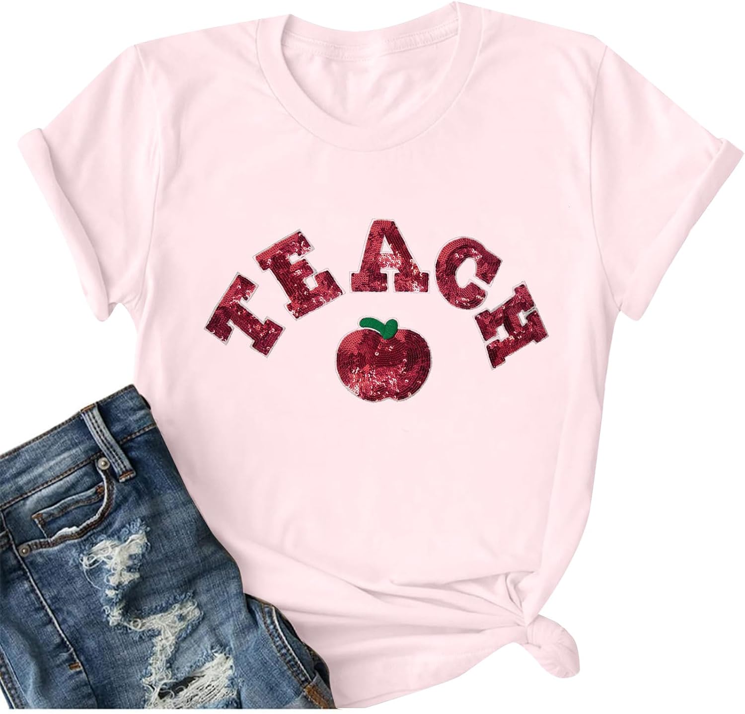 Teacher Shirt for Women Sequin Teach Apple T Shirt Back to School Shirt Kindness Tee Teaching Life Tops