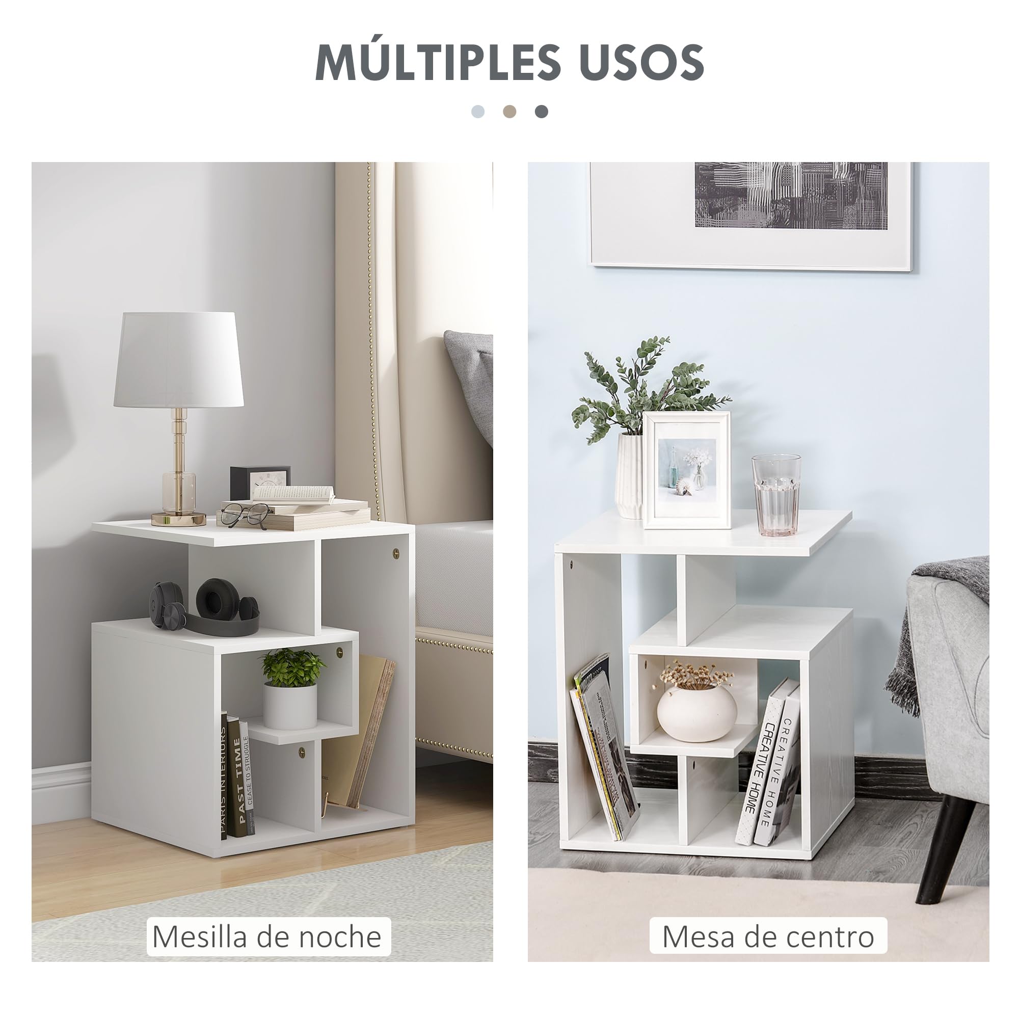 HOMCOM Mesita Auxiliar con Estantes de Almacenamiento 45x40x55 cm Blanca