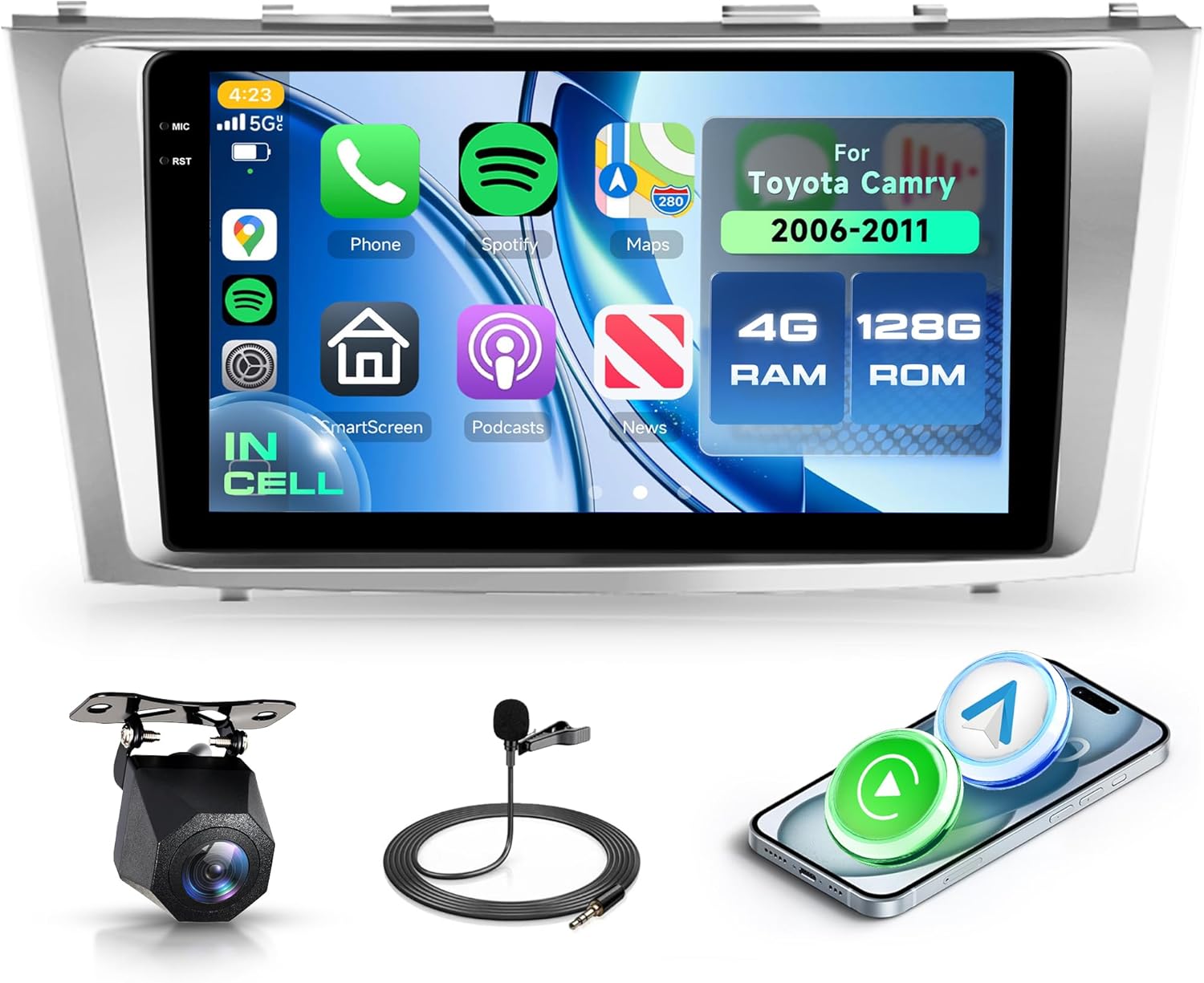 Rimoody 4G+128G Android 15 Car Stereo for Toyota Camry 2006-2011 with Wireless Carplay Android Auto, 9'' In-Cell Screen Head Unit with GPS/Bluetooth 5.0/FM RDS/EQ/5G-WiFi Mirror Link Backup Camera SWC