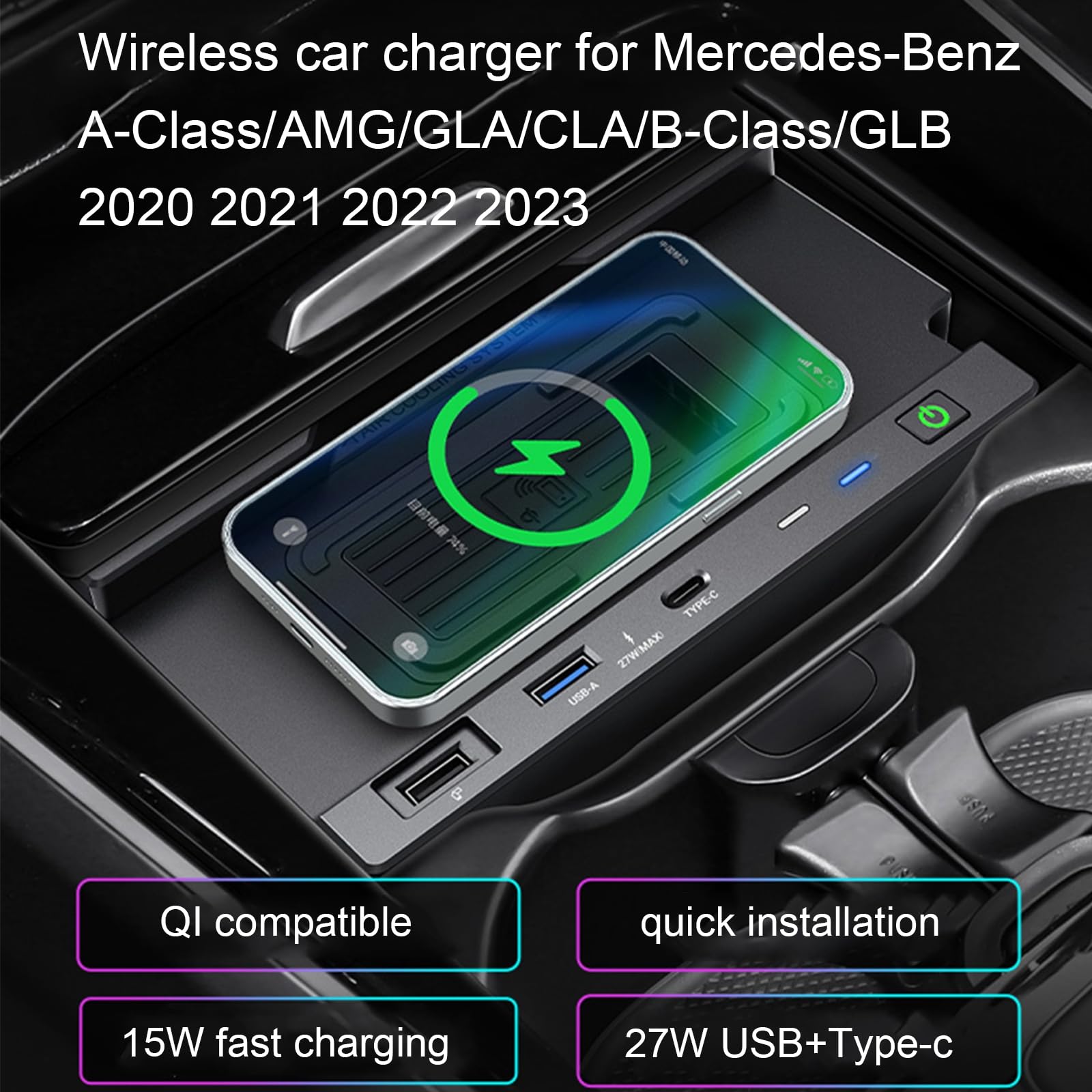 Caricabatteria da Auto Wireless per Mercedes-Benz Classe A/GLA/AMG/CLA/Classe B/GLB/Gal 2020-2023 Pannello Accessori Console Centrale, 15W Caricatore per Telefono a Ricarica Rapida