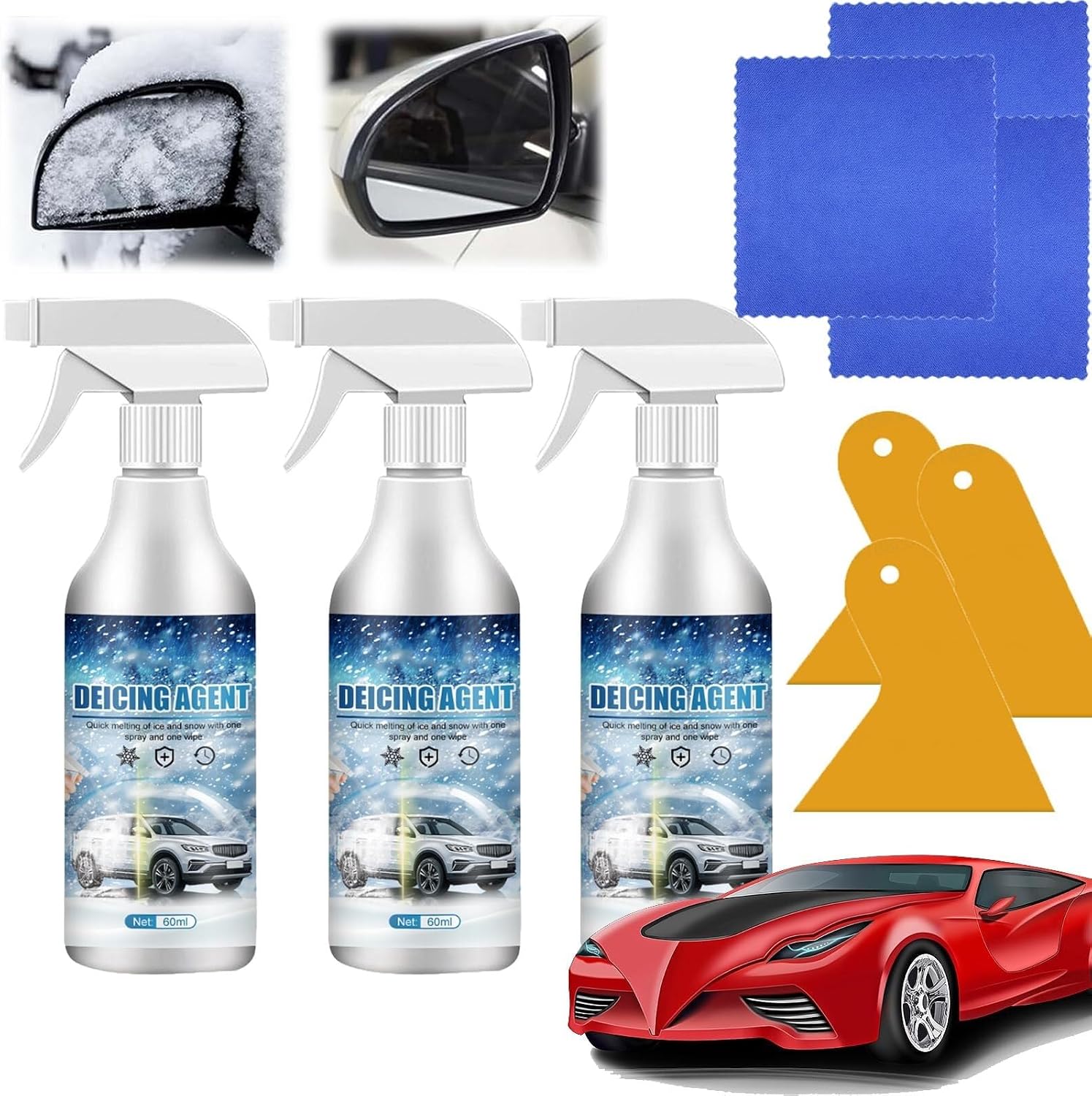 Deicer Spray for Car Windshield, Ice Remover Melting Spray, Auto Windshield Deicing Spray, 60ml De Icer for Car Windshield with Cloth and Scraper, for Fast Removing Snow, Ice and Frost