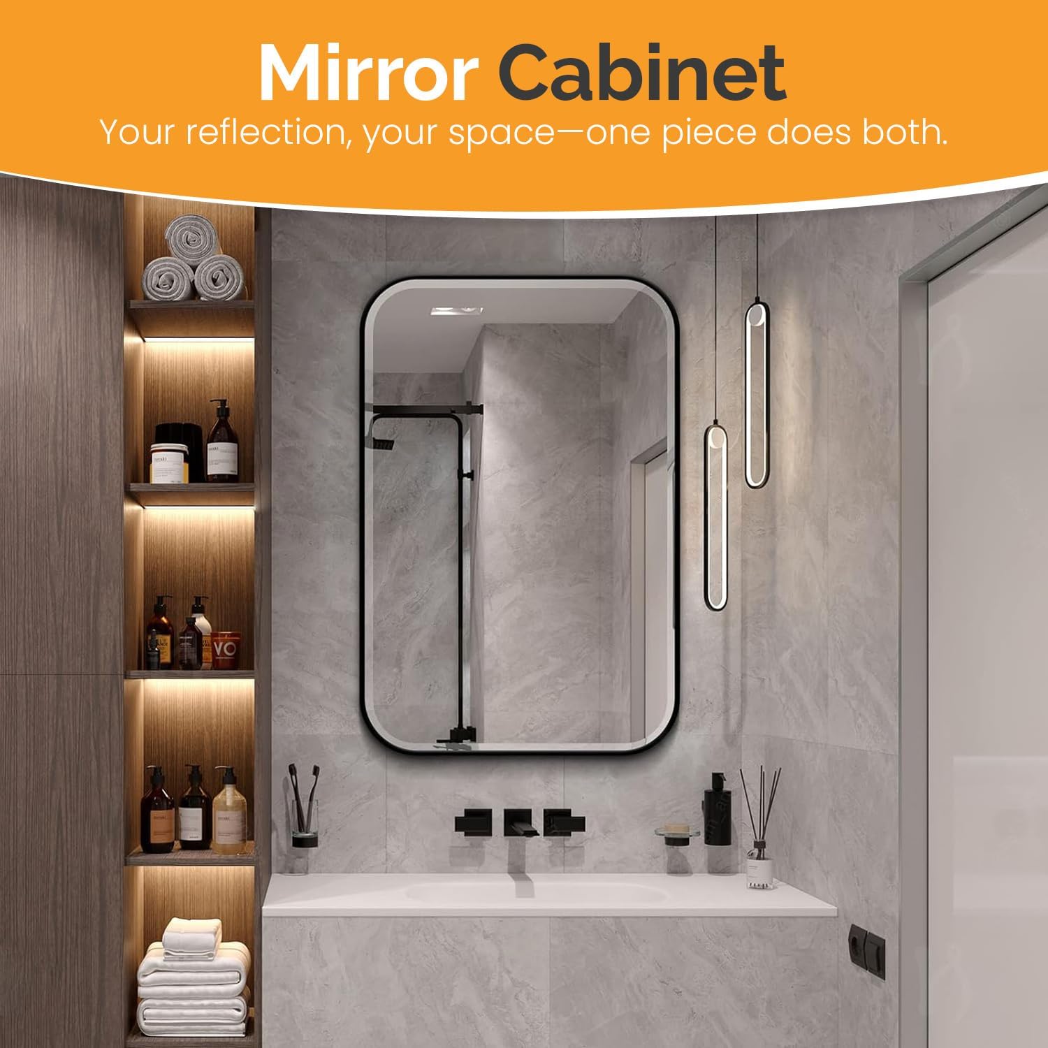 Basicwise 16 x 22 inches Plastic Medicine Cabinet Recessed or Surface Wall Mount Rectangular Design with Rounded Corners and Mirrored Door Frame Bathroom Storage for Everyday Organization