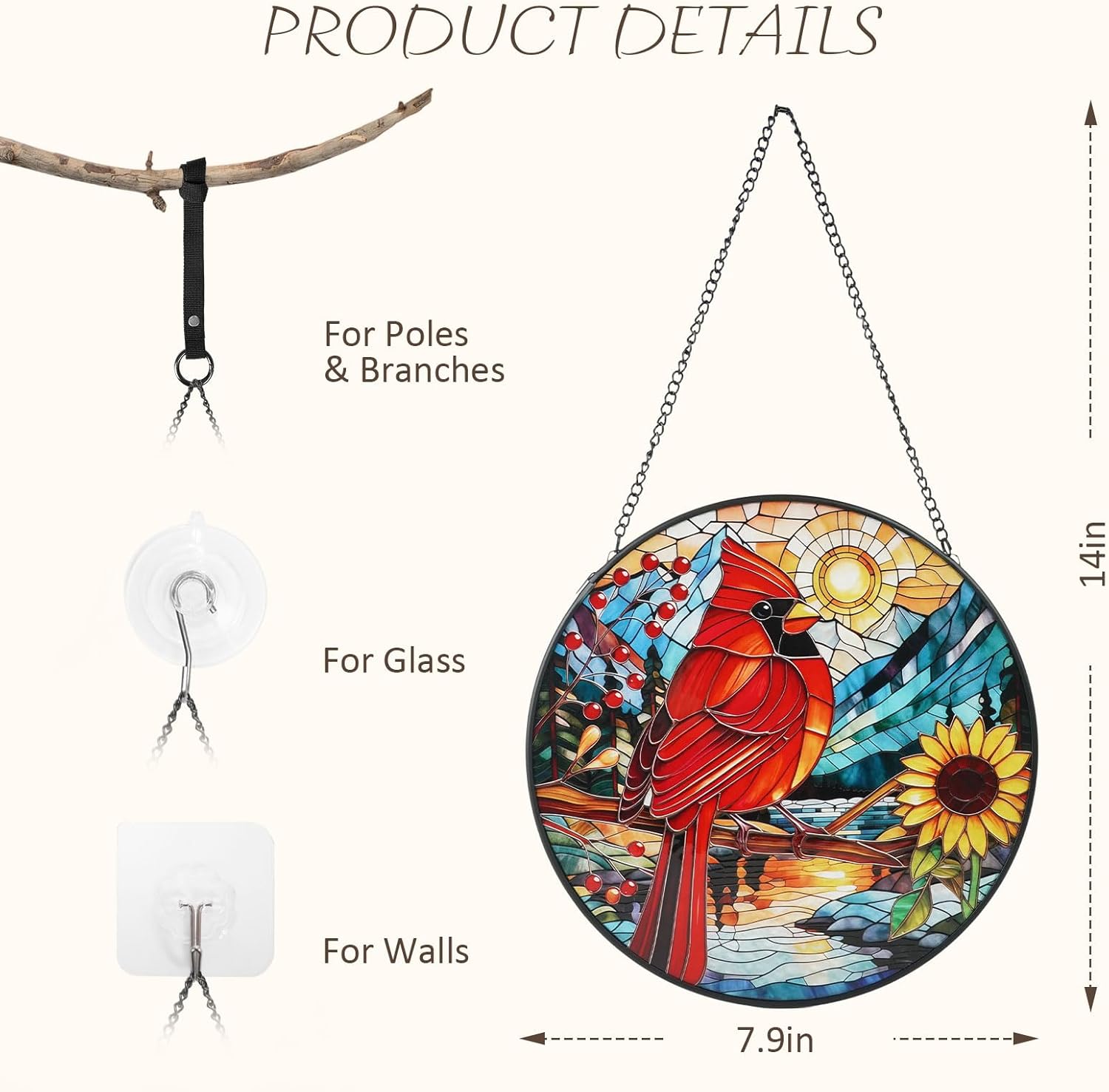 Cardinal Stained Glass Window Hanging with Sunflower, 7.9-Inch Suncatcher for Windows, Cardinal Gifts for Women, for Bird Lovers - Image 3