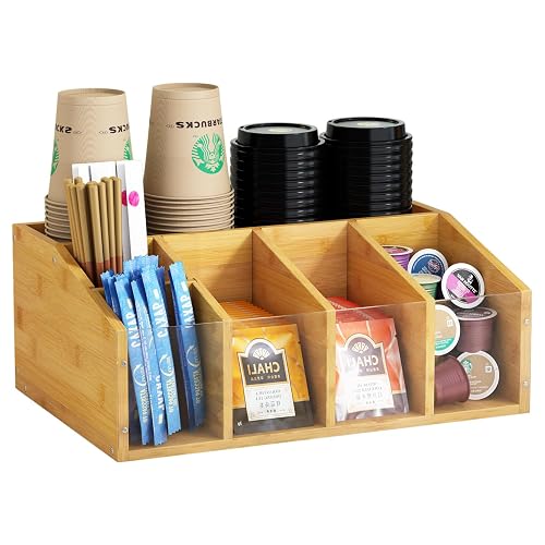 AEEHFENG Coffee Station Organizer Condiment Organizer for Countertop Farmhouse Coffee Caddy with Removable Dividers Small Cute Office Bar Accessories for Tea Bags, Pods, Syrup, Cups, and Stirrer