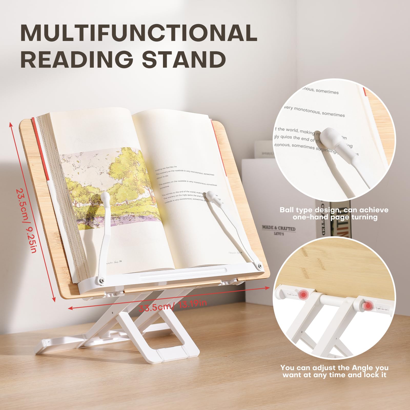 Soporte para libros de lectura, soporte plegable para libros de cocina, bandeja ajustable y clips de papel de página con clips elásticos para recetas, partituras de música, laptop, tableta